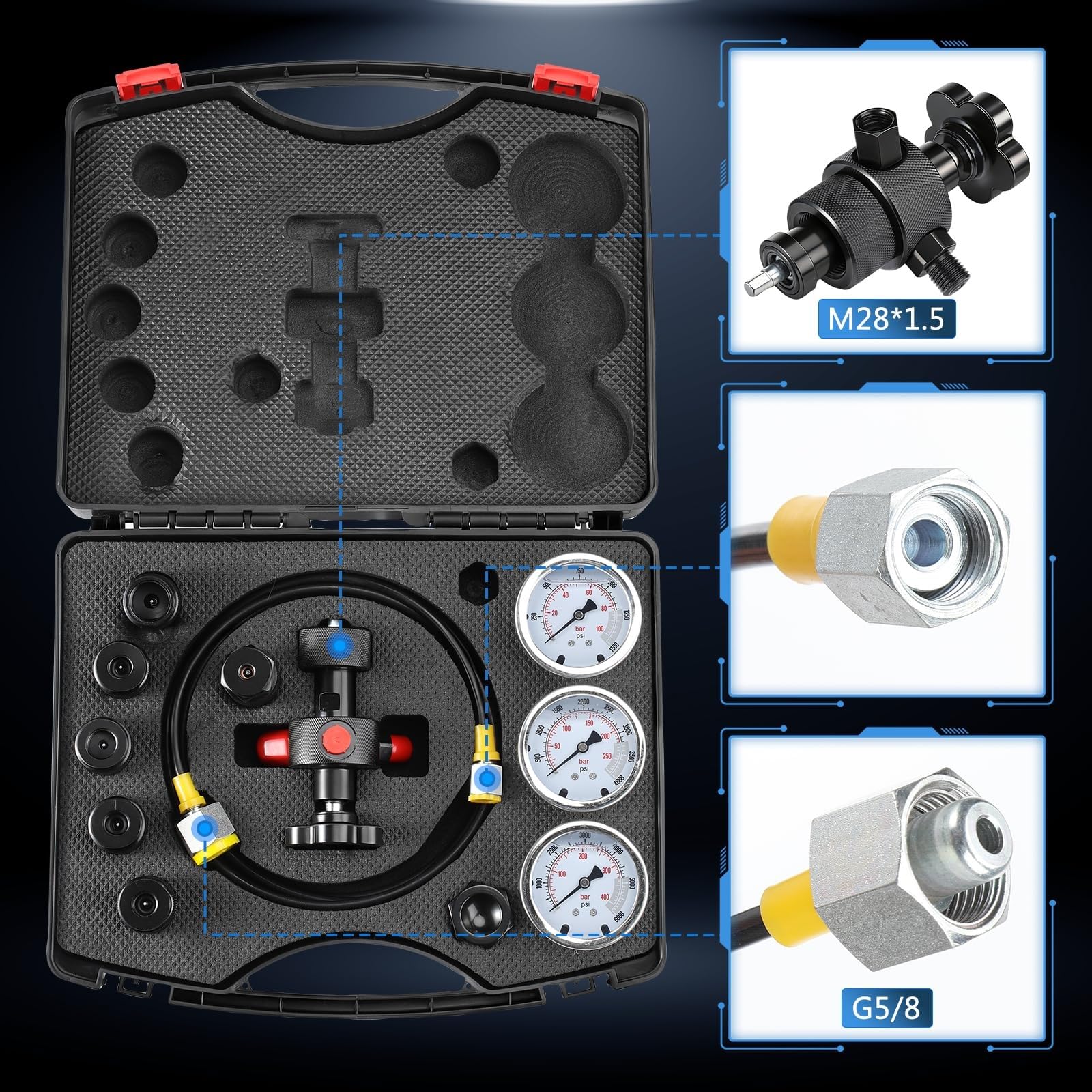 Sistema Ricarica Azoto Accumulatore Idraulico, Kit Test Pressione Con 3 Manometri 1500/4000/6000 PSI, 7 Raccordi, Tubo Gas E CGA580 Per Impianti Idraulici Industriali