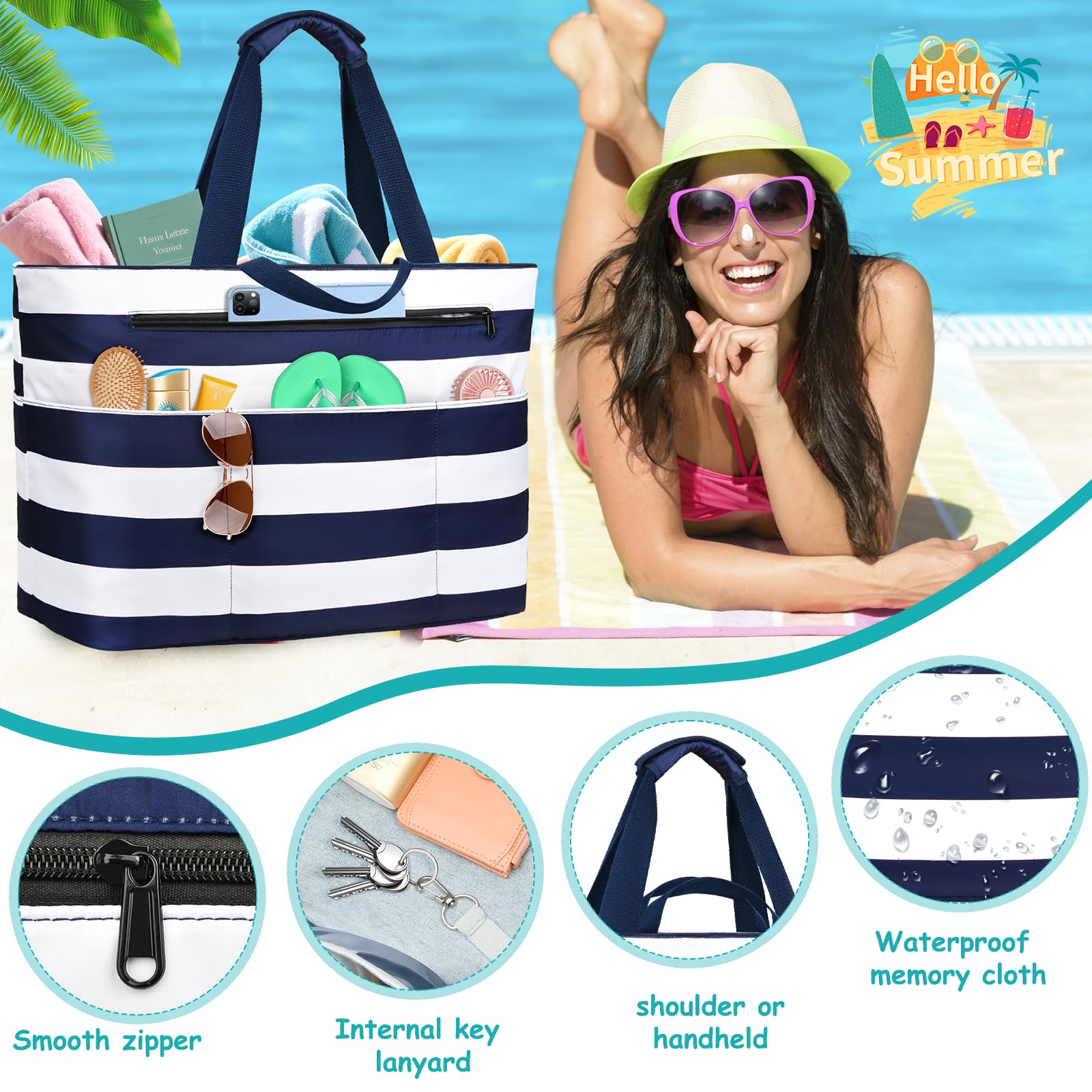 Sac De Plage Femme, Grand Sac Plage Avec Fermeture Éclair Xxl Family Bag Imperméable Pliable Beach Bag Cabas Femme Pour Piscine, Shopping, Vacances. 50L,Rayures bleu-blanc