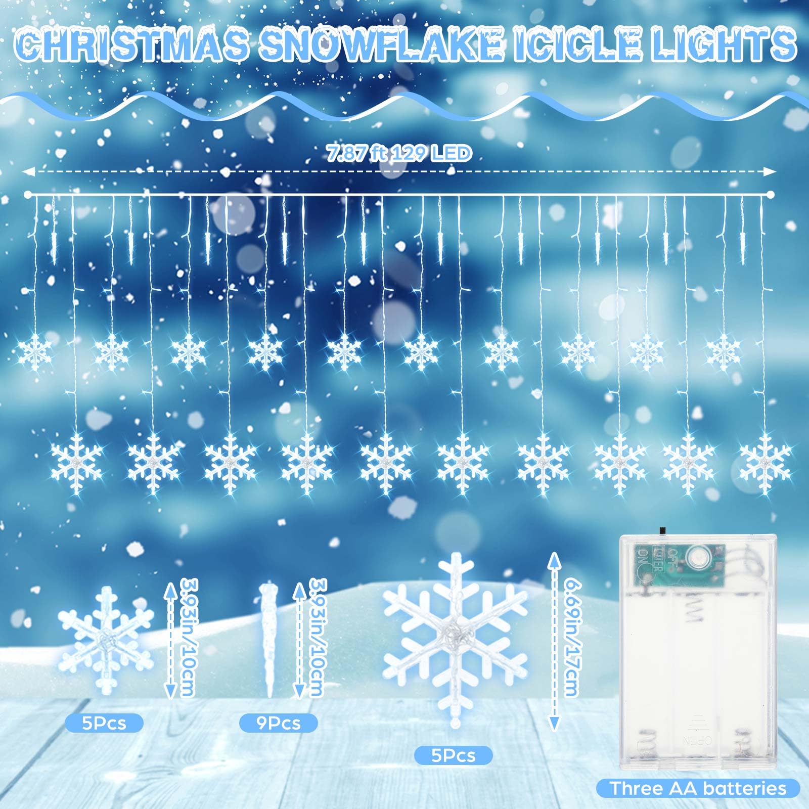 Glooglitter Rideau lumineux de Noël en forme de stalactites de 2,4 m, 129 LED pour extérieur, 19 gouttes, flocons de neige et stalactites pour jardin, cour, intérieur et extérieur