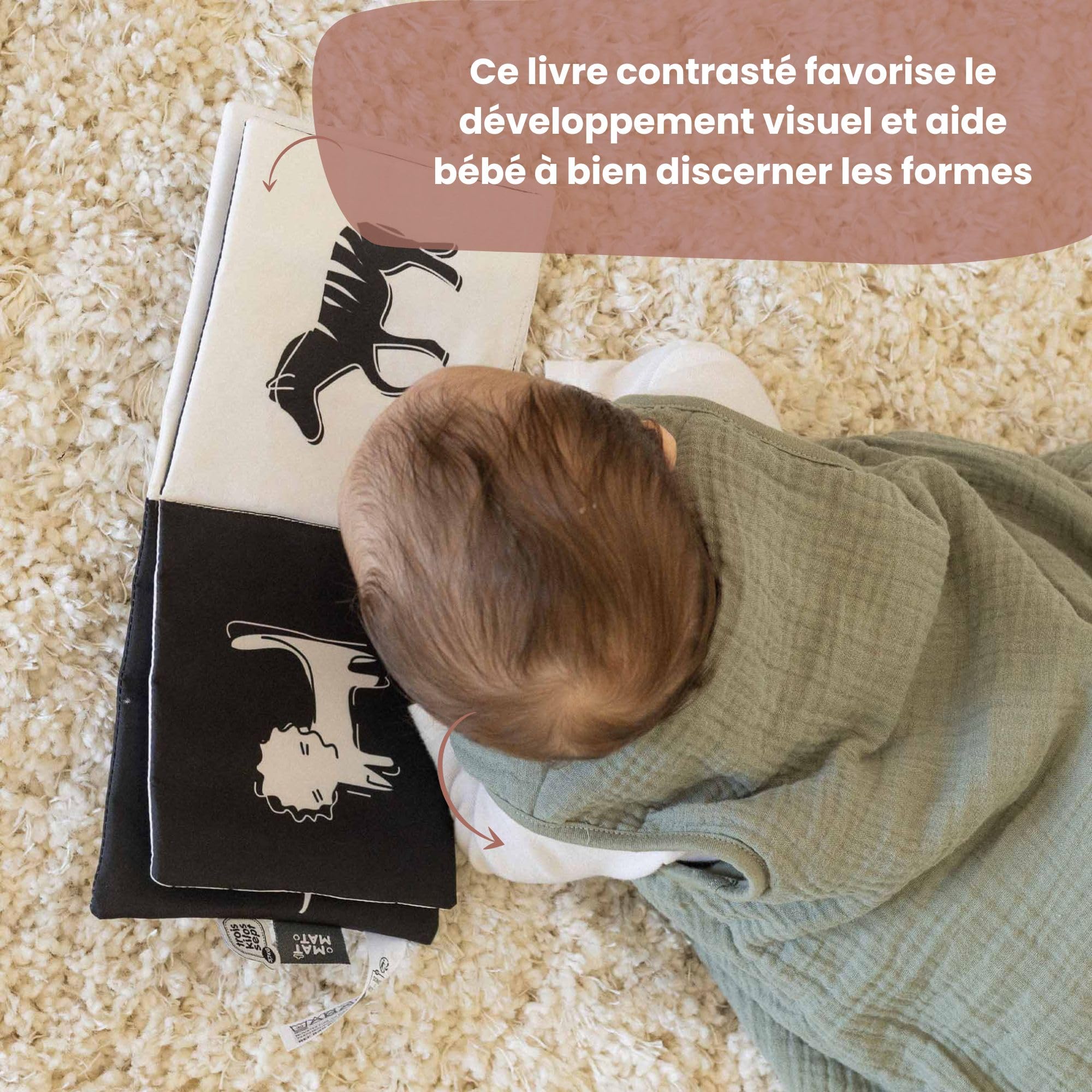 Livre d'éveil Noir et Blanc en Tissu pour bébé, 15 cm x 15 cm