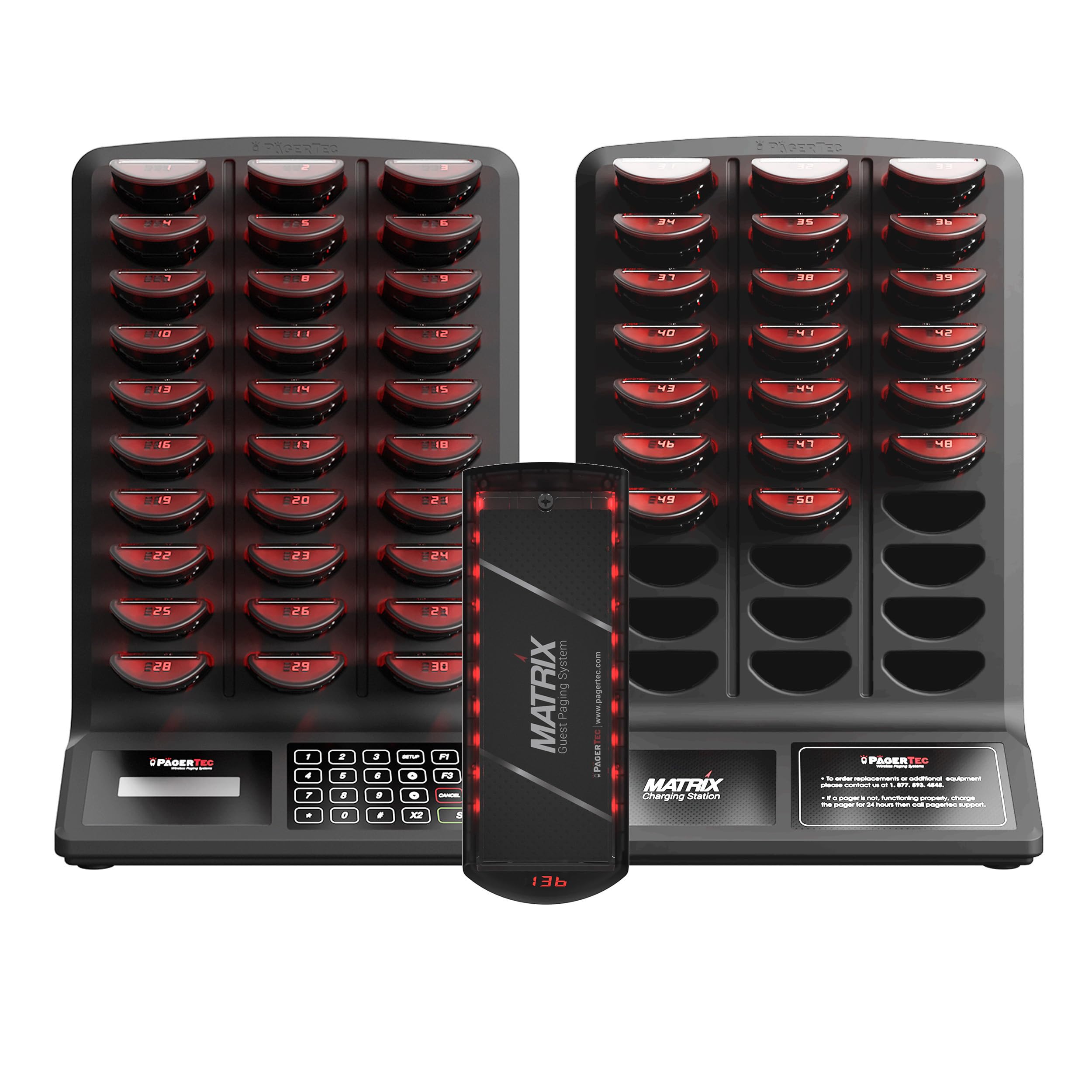 PagerTec Wireless Matrix AIO Guest Paging System Customer Service Calling Pagers for Restaurants, Hospitals, Office & Hotels | Rechargeable | Waterproof (50 Pagers - Complete Set, Red & Black)