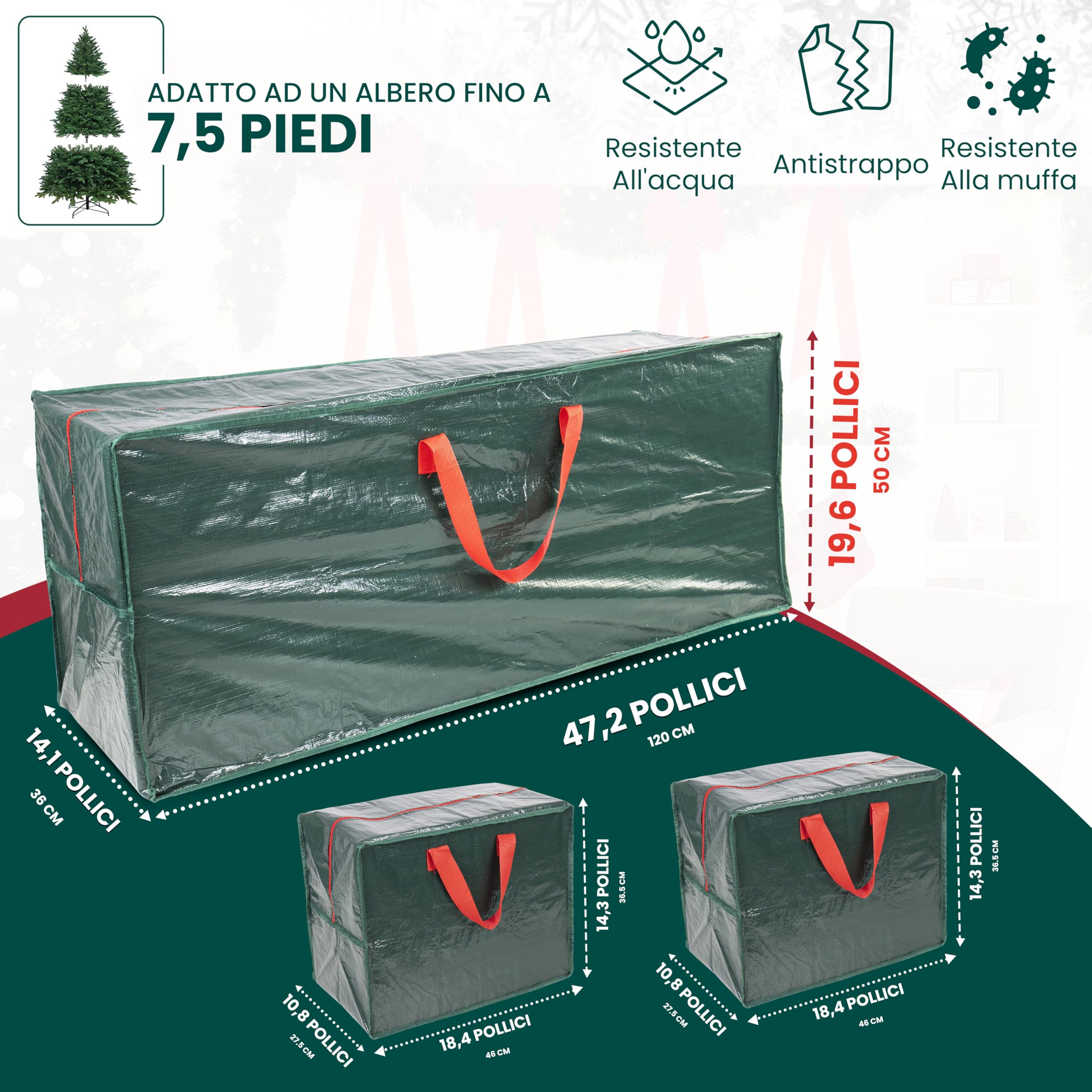 Borsa portaoggetti per alberi di Natale – Adatta ad alberi artificiali fino a 7,5 piedi – Set da 3 pezzi con 2 borse decorative – Maniglie rinforzate resistenti e cerniera