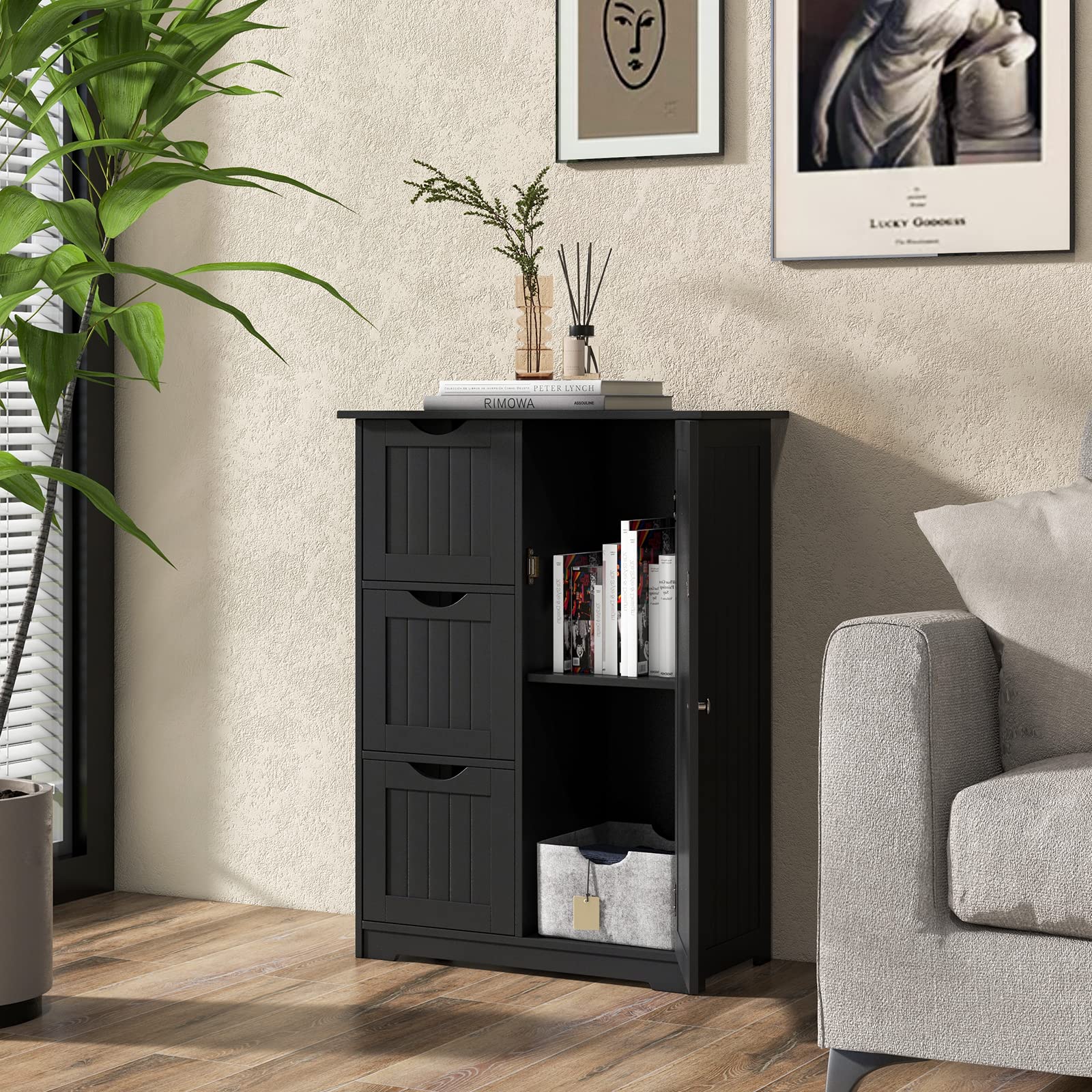 GOPLUS - Mueble de baño con 3 cajones, armario de almacenamiento con puerta magnética, antirrobos y estante ajustable, 58 x 28 x 81 cm, color negro