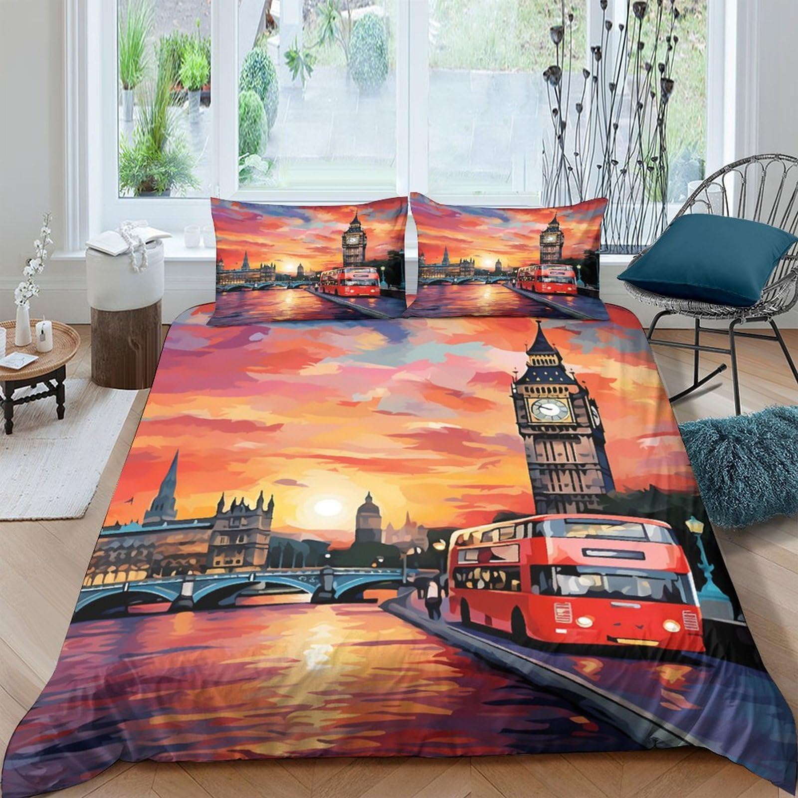 Ctjqhvkz Style-1 3D Printed London Sunset Fitted Sheet Microfiber Soft Urban Scenery Red Bus Bed Cover For Home Bedroom Dorm Decor Single（135X200cm）