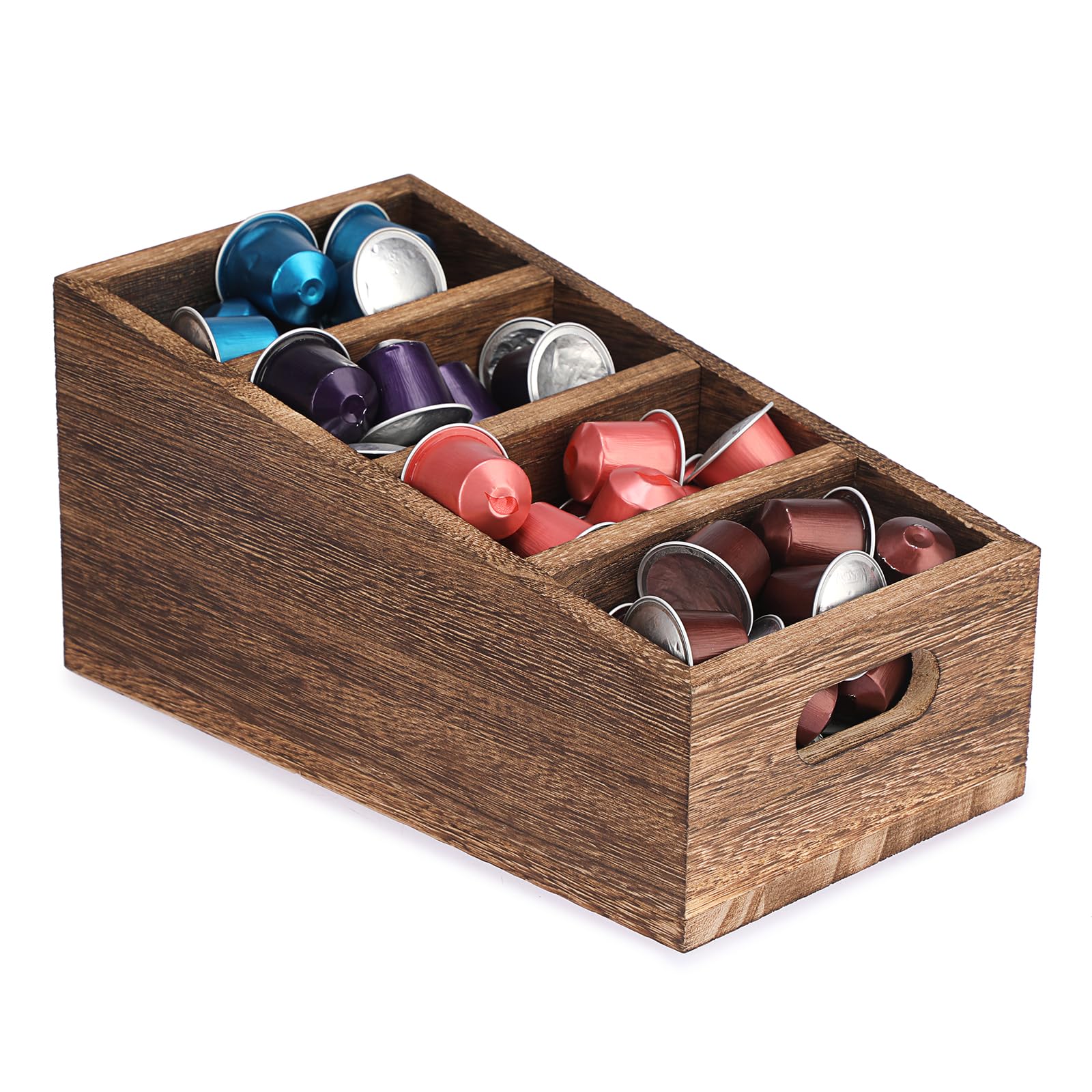 IGNPION 4-Compartment Wooden Divided Storage Basket, Stairstep Kitchen Cabinets Organiser - Coffee Bar Station Holder Box for Coffee Capsules, Tea Bag, Sweetener, Snack, Condiments Packet