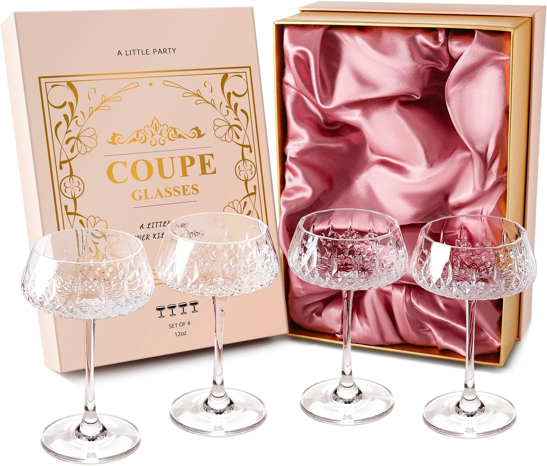 Coupe Glasses, Martini Glasses Set of 4, Vintage Champagne Coupe Glasses, 8oz Large Martini Glass, Crystal Retro Style Cocktail Glass for Elegant Bar Drinks, Vintage Art Deco Glassware