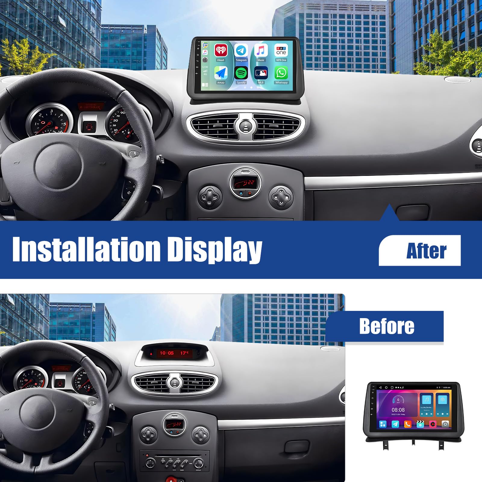 SIXWIN 2 Go+64 Go Android 15 Autoradio pour Renault Clio 3 2005-2017 avec Carplay/Android Auto, Clio 3 Écran Tactile 9'' Voiture avec WiFi GPS Mirror Link Bluetooth FM/RDS EQ Commandes au Volant