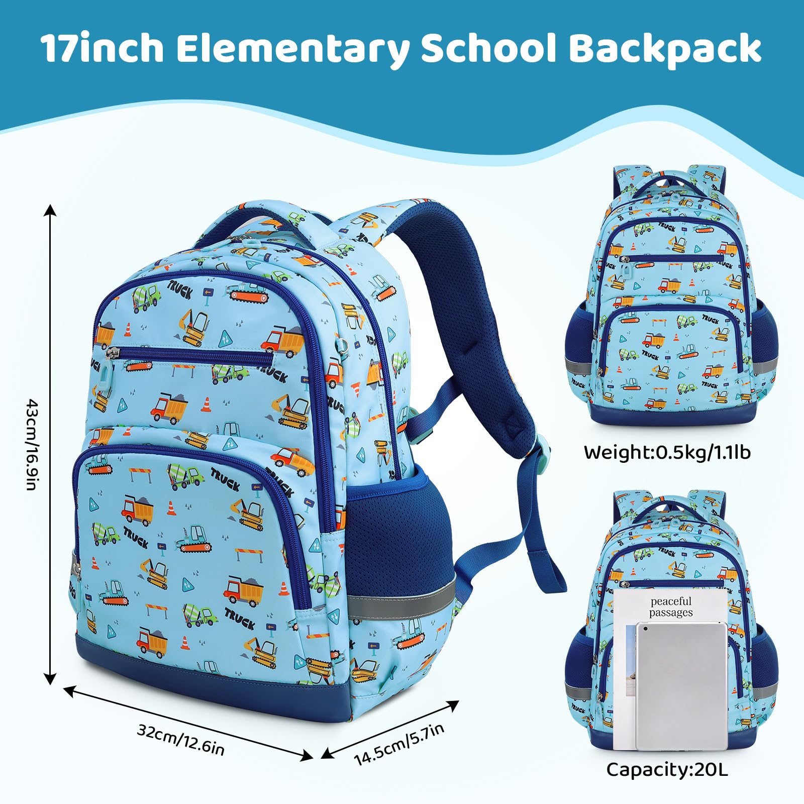 Kinderrucksack Jungen Mädchen für 6-12 Jährige - Baufahrzeug Blau
