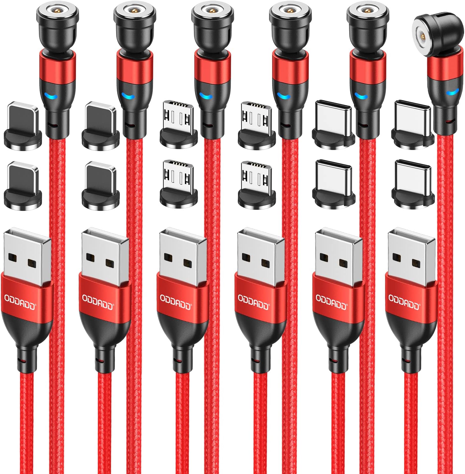 ODDADD Magnetic Charging Cable 6Pack [1.6ft+3.3ft+3.3ft+6.6ft+6.6ft+10ft], 540° Rotating 3In1 Magnet Phone Charger with LED Light Nylon-Braided Cord,Compatible with Android Micro USB A Type C Iphne