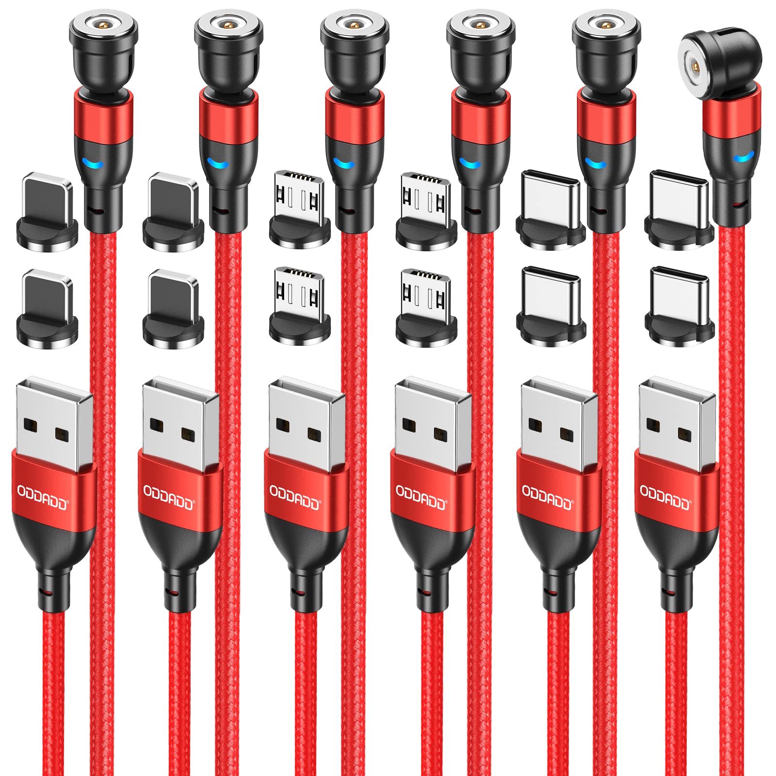 ODDADD Magnetic Charging Cable 6Pack [1.6ft+3.3ft+3.3ft+6.6ft+6.6ft+10ft], 540° Rotating 3In1 Magnet Phone Charger with LED Light Nylon-Braided Cord,Compatible with Android Micro USB A Type C Iphne