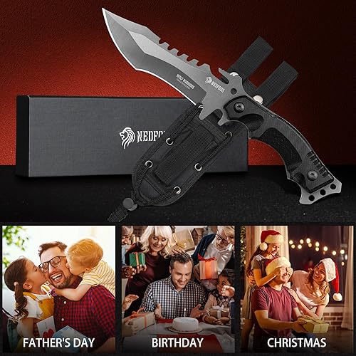 Miniatura 6 de NedFoss Cuchillo de supervivencia de hoja fija con funda, cuchillo de campamento de espiga completa de 9 pulgadas, mango ergonómico G10