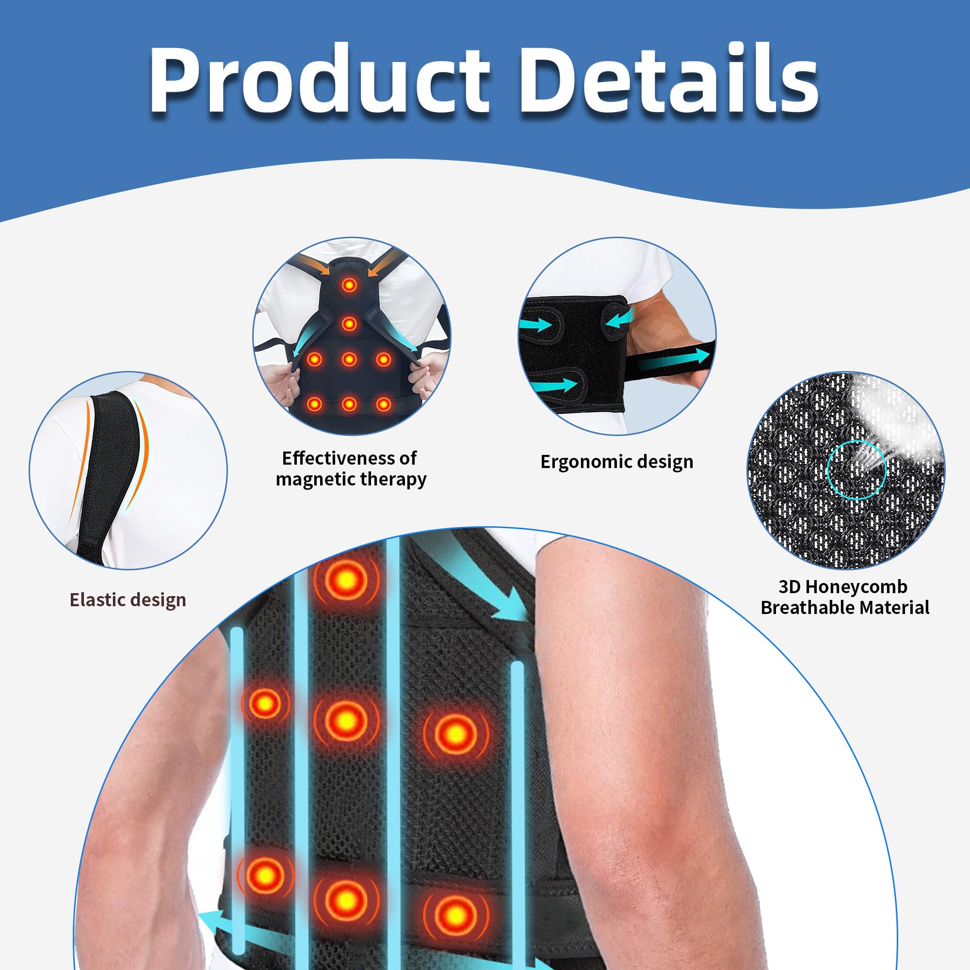 Correttore Posturale Spalle, 8 Magneti Fascia Lombare Supporto Schiena, Correzione Della Scoliosi E Della Gobba, Fornisce Forma il Collo, Spalle Schiena, Supporto Regolabile Donna Uomo (Grigio, L)