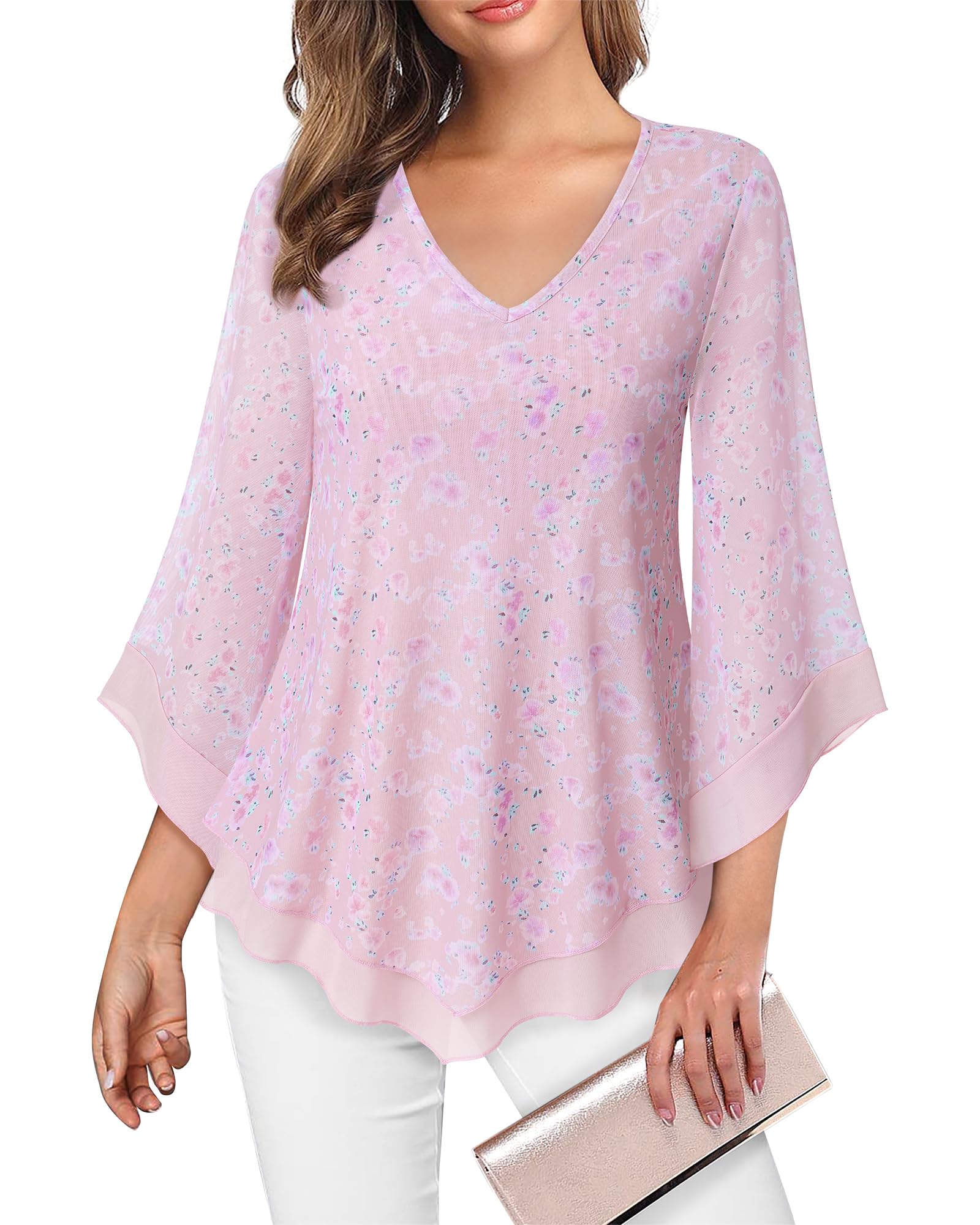 Lotusmile Womens Dressy Blouse Double Layers Mesh Shirt Ruffle 3/4 Flared Sleeve Tunic Tops