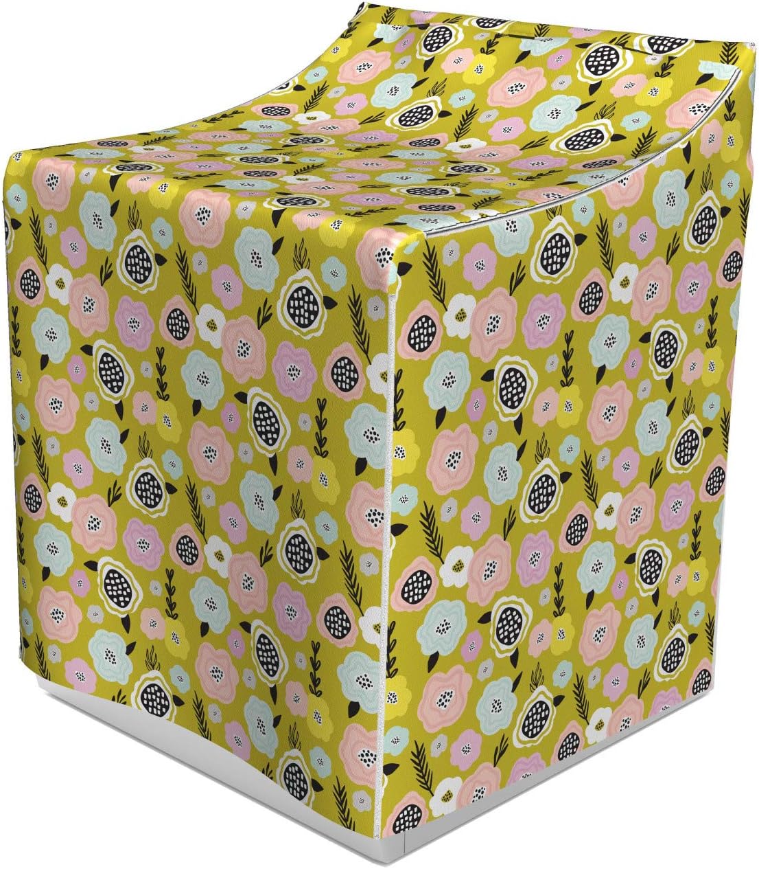 Ambesonne Spring Cover for Washer and Dryer, Modern Design Flowers and Petals with Simple Leaves Cartoon Urban Jungle, Easy Use Bathroom Laundry Decor Accent, 29" x 28" x 40", Pale Earth Yellow Pink