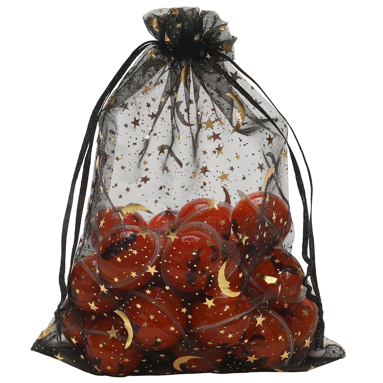 SUNGULF 100Pcs 6x9 Inches Sheer Organza Drawstring Pouches Stars And Moon Wedding Party Favor Jewelry Candy Gift Bags (Black)