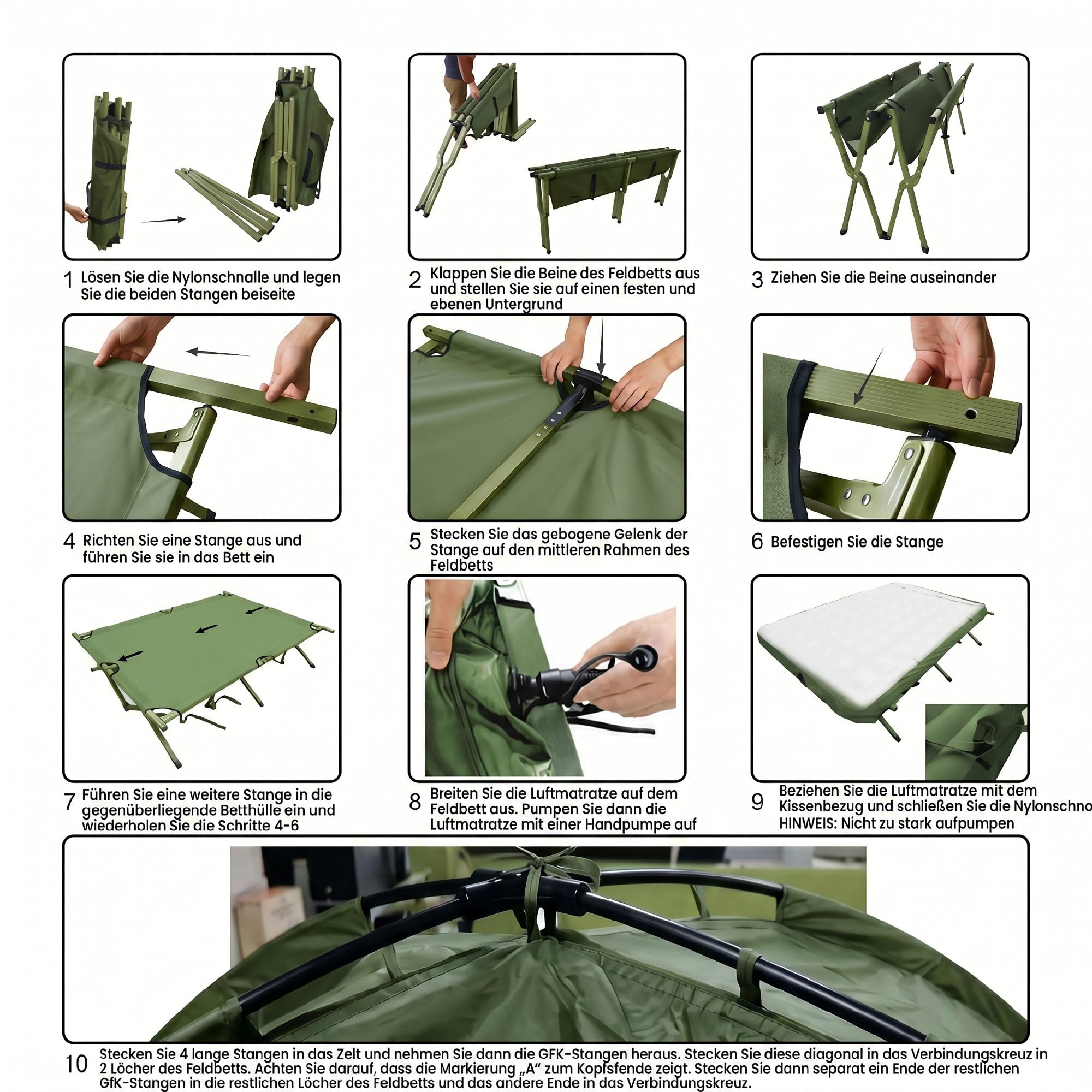 Outsunny SoBuy Feldbett mit Zelt Wurfzelt mit Luftpumpe, Matratze, Tragetasche, Schlafsack, Wasserdichtes Campingbett Extra Breit Outdoor Campingliege Dunkelgrün 193x86x160 cm bis 114 kg