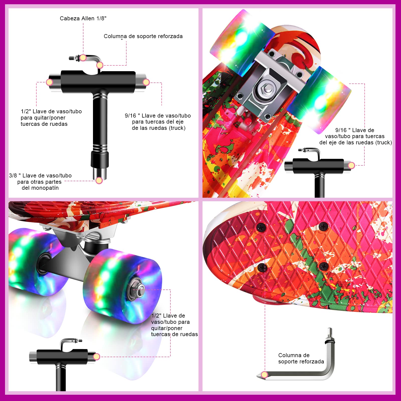 Monopatín Skateboard Completo Niños con 4 Ruedas LED para Niño y Niña Penny Board Mini Cruiser de 55CM con Herramienta T de Patinete Todo-en-uno