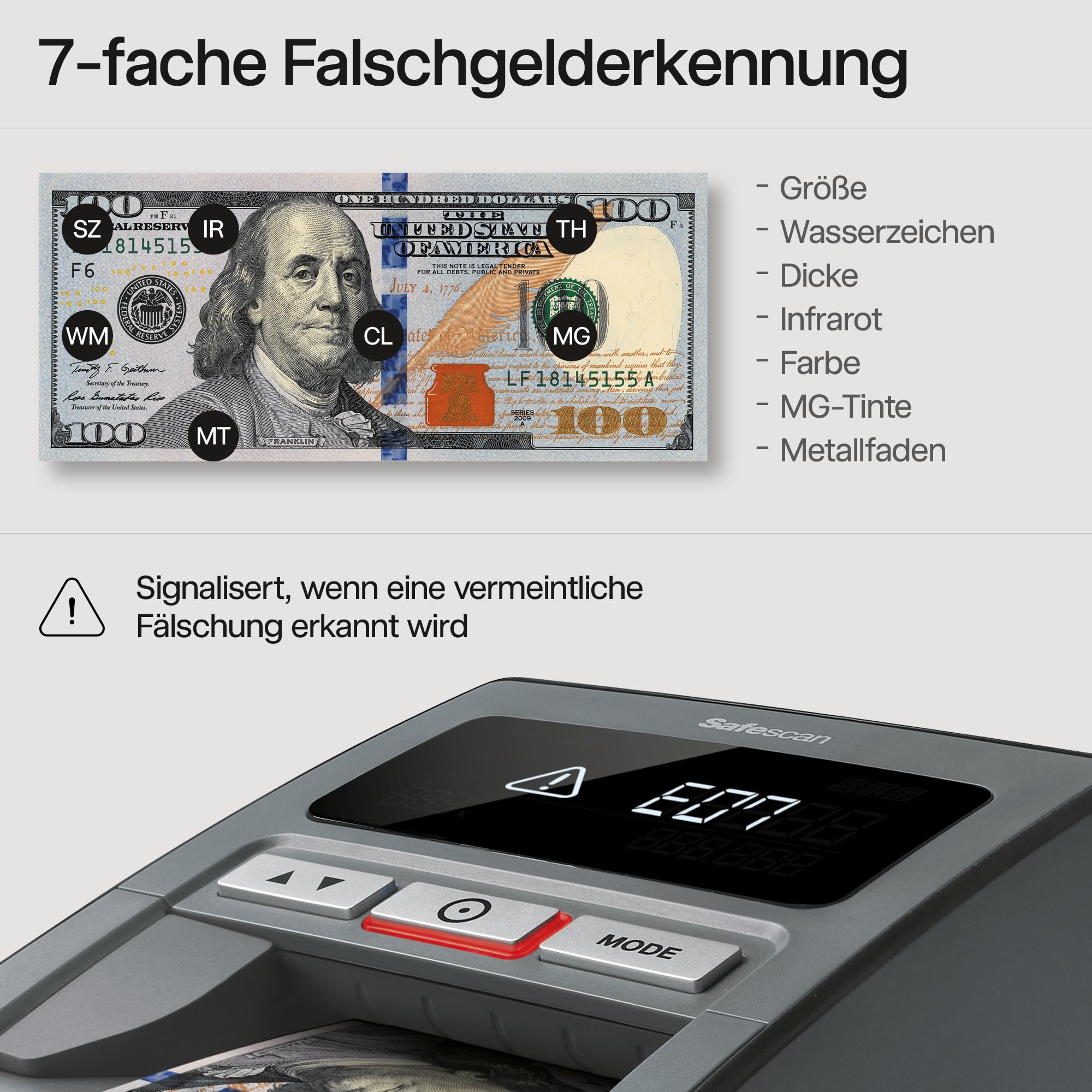 Safescan 185-S automatischer Geldscheinprüfer mit 7-facher Echtheitsprüfung inklusive US Dollar