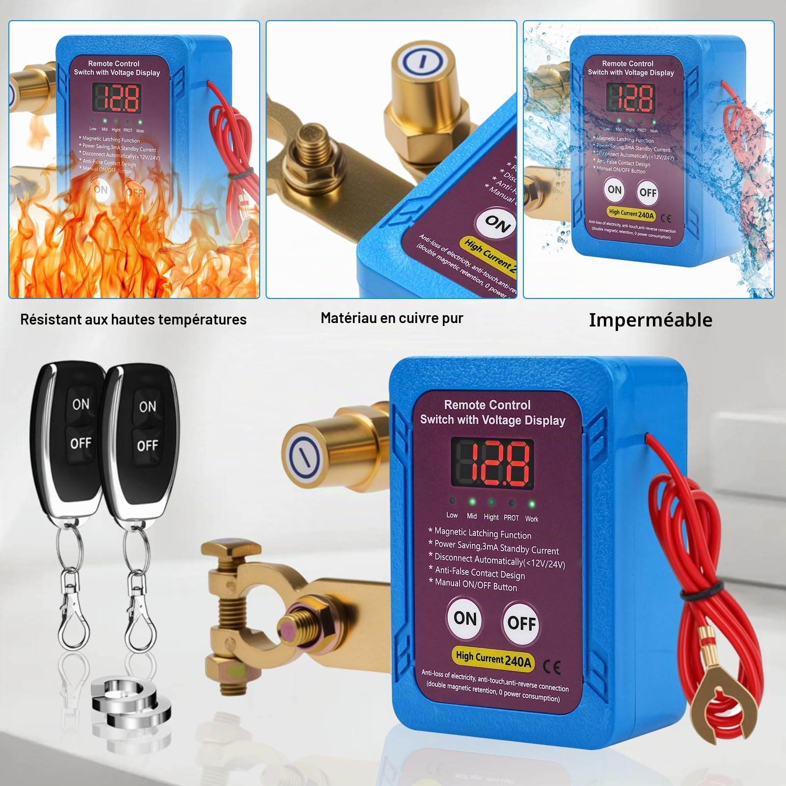 BuyWeek Coupe Circuit Batterie 12V 240A avec Led Affichage de la Tension Coupe Circuit Voiture Coupe Batterie Voiture Télécommandes pour Voiture, RV, ATV, Camion Bateau(Bleu roi)