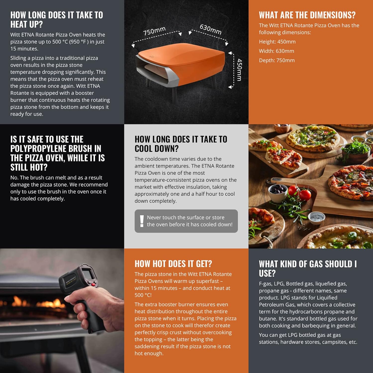 Diagram showing the dimensions of the Witt ETNA Rotante Pizza Oven