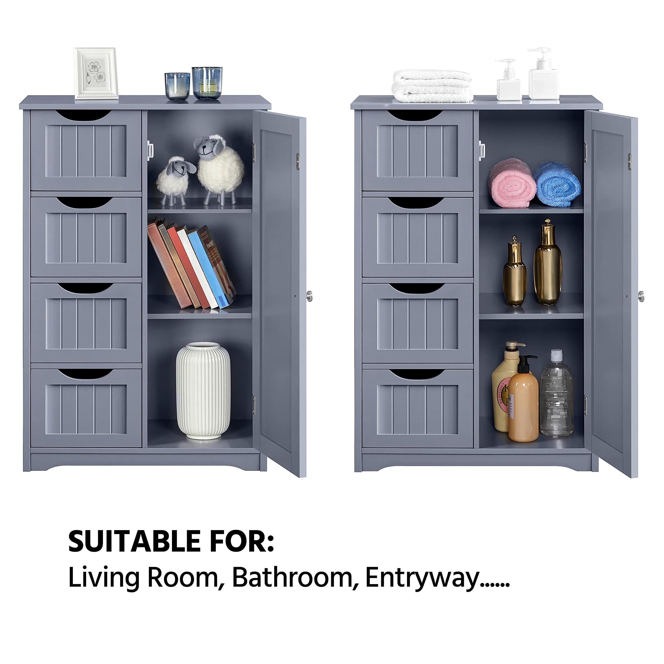 Yaheetech Bathroom Floor Cabinet Cupboard Free Standing Wooden Cabinet ...