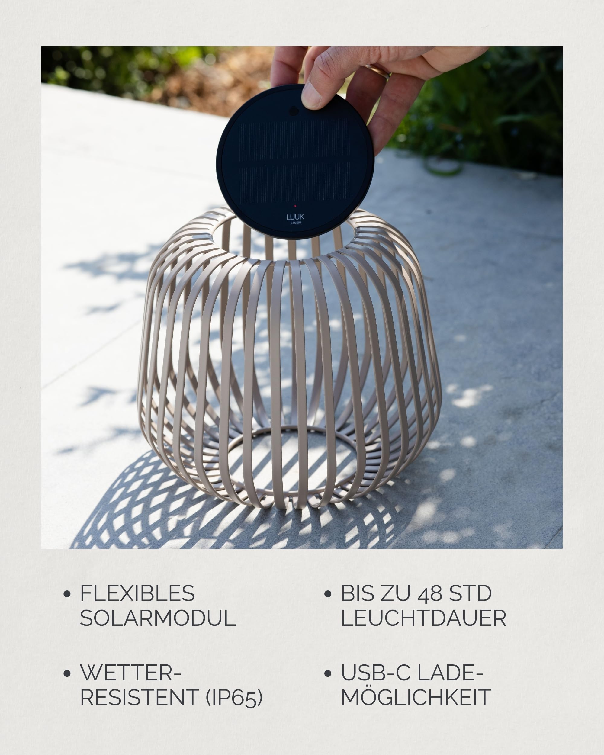 LUUK Studio Moderne Solarlampe, Kabellos, Windlicht, USB-C, Nomad Braun, S | Modernes Boho Design, dimmbar & Windlicht, IP65 wetterfeste Außenbeleuchtung, Solar Designlampe für drinnen & draußen