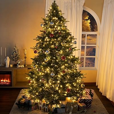 Naomi Home 6.5ft Rustic Christmas Tree with Lights, Realistic Classic Prelit with 2595 Branch Tips, 600 Warm Lights and Metal Stand, Aritificial Tree