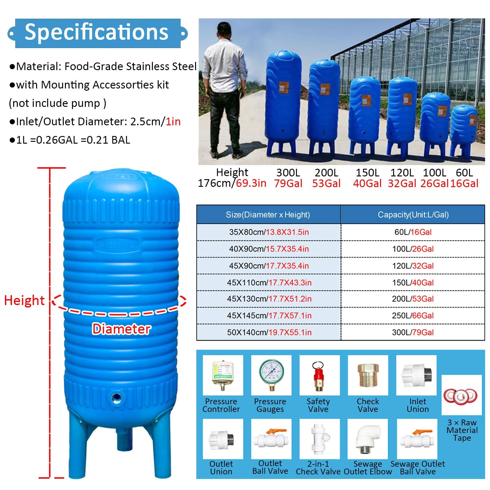 Tanque de presión de agua con medidor e interruptor para fontanería, calefacción y mejora de la claridad del agua en sistemas de pozos temporales