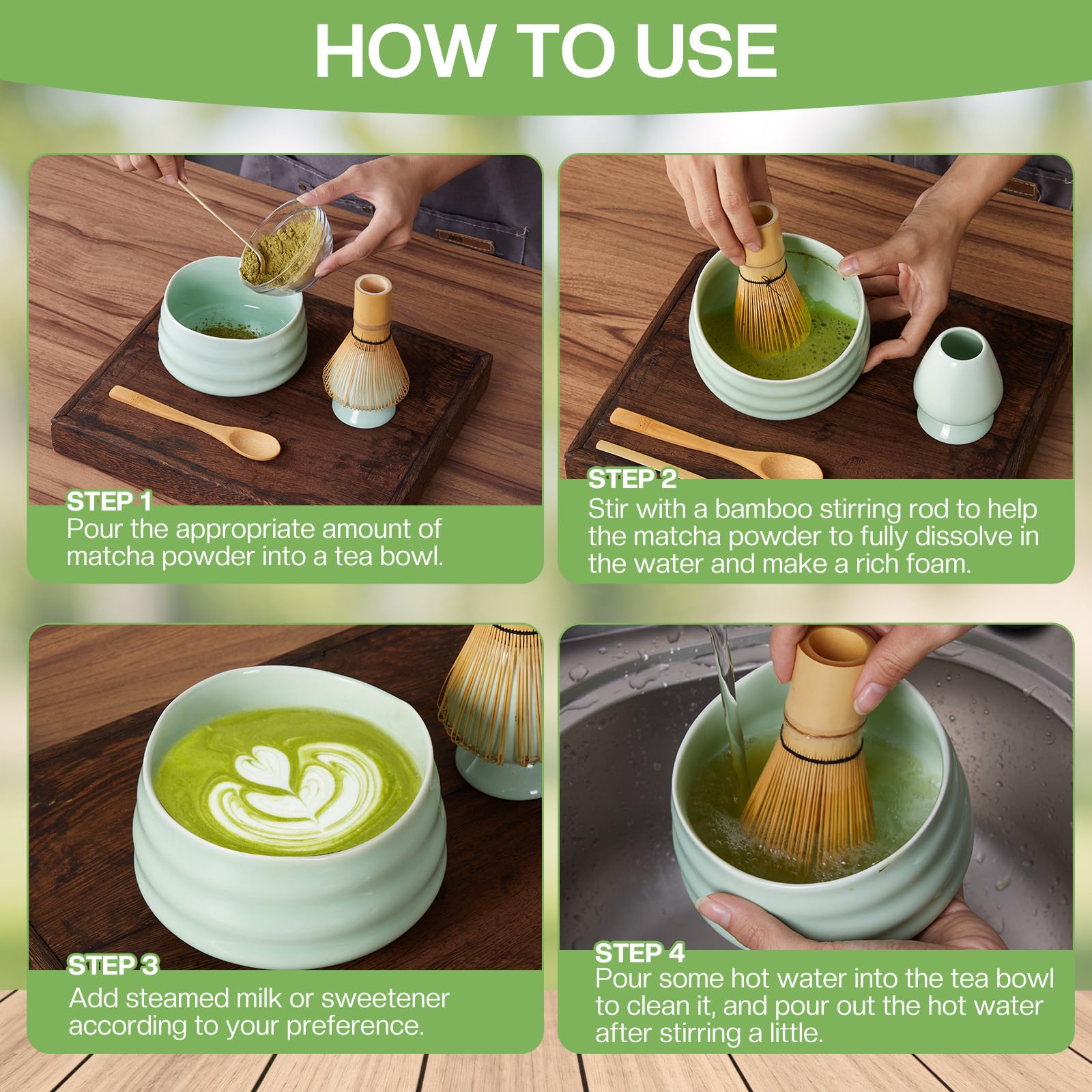 Zanfqvo 4 Pezzi Kit Matcha - Set con Frusta, Cucchiaino, Porta Frusta (Ciano)