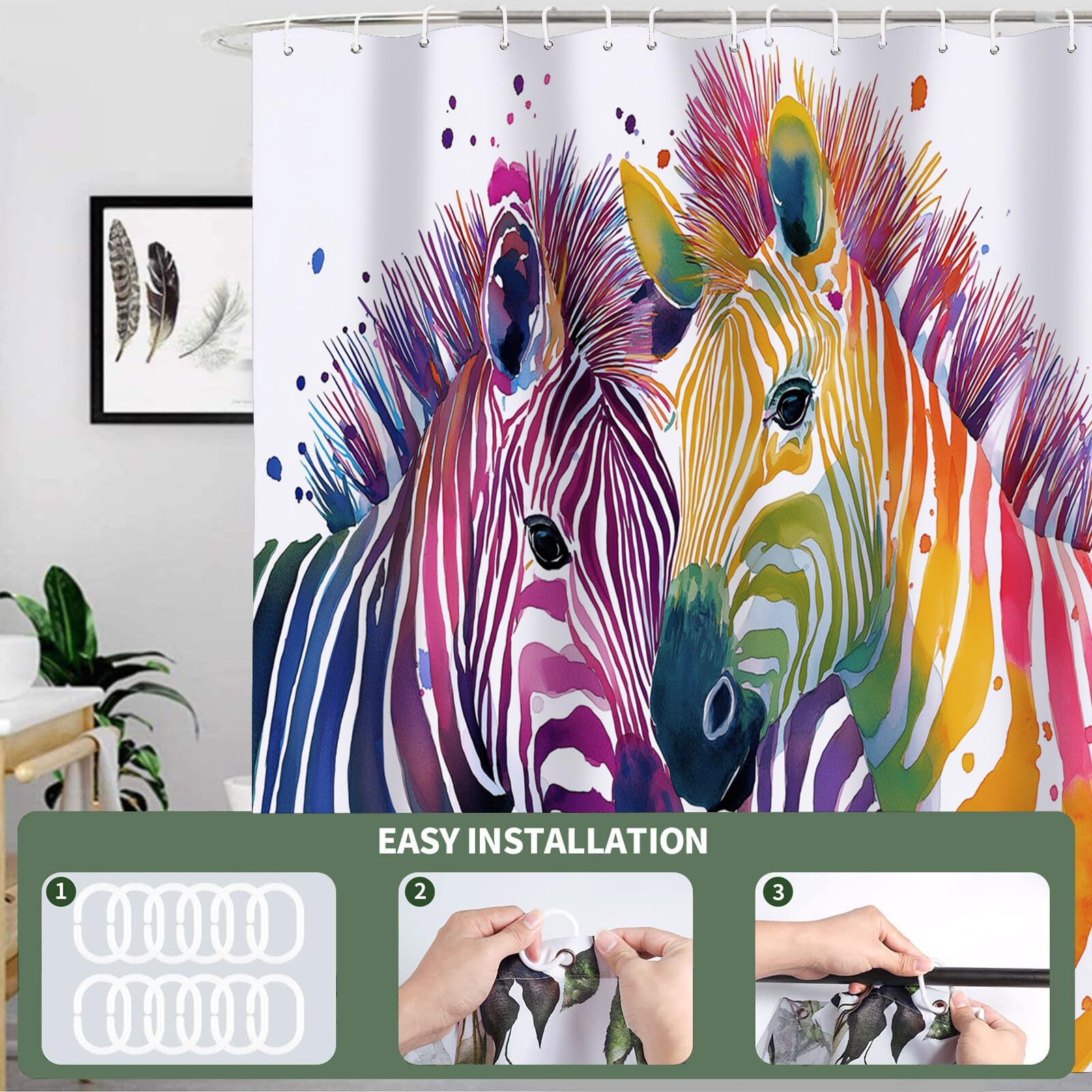 Rideau De Douche Zèbre Peint Animaux À L'Aquarelle Tissu Imperméable Lavable avec Crochets Anti Moisissure en Polyester Rideau Douche pour Salle De Bain
