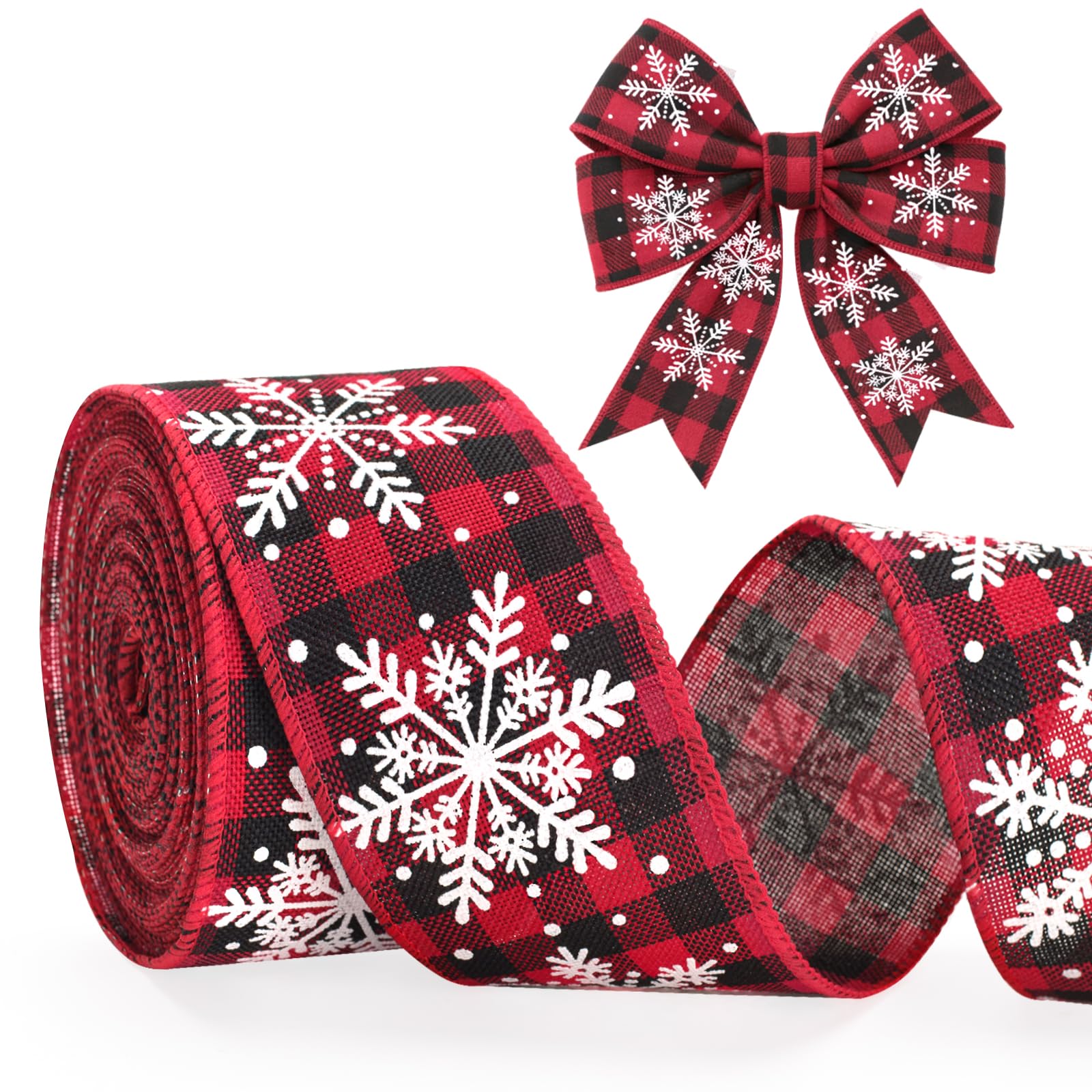 KINGLAKE Tartan Wired Ribbon, 10M 2.5 Inch Wide Black Red Christmas Burlap Ribbon, Snowflake Xmas Wired Ribbons for Wreath Bows Making, Christmas Tree Decorations, Gift Wrapping, Crafts