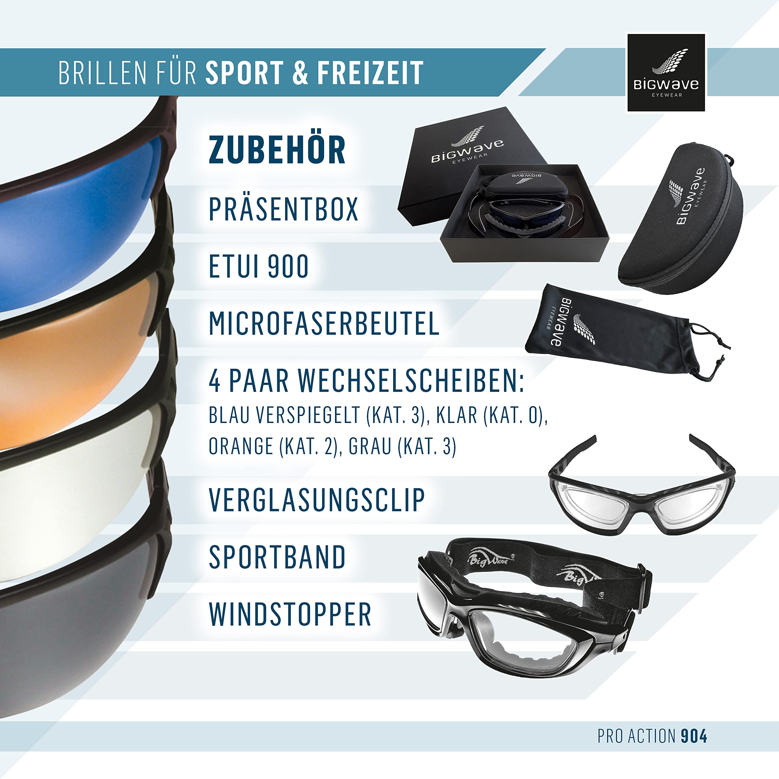 BIGWAVE Pro-Action 904 – Superentspiegelte Premium UV 400 Sportbrille mit 4 Wechselgläsern–Radsportbrille mit schmutzabweisender Clean-Coat Beschichtung für Damen und Herren