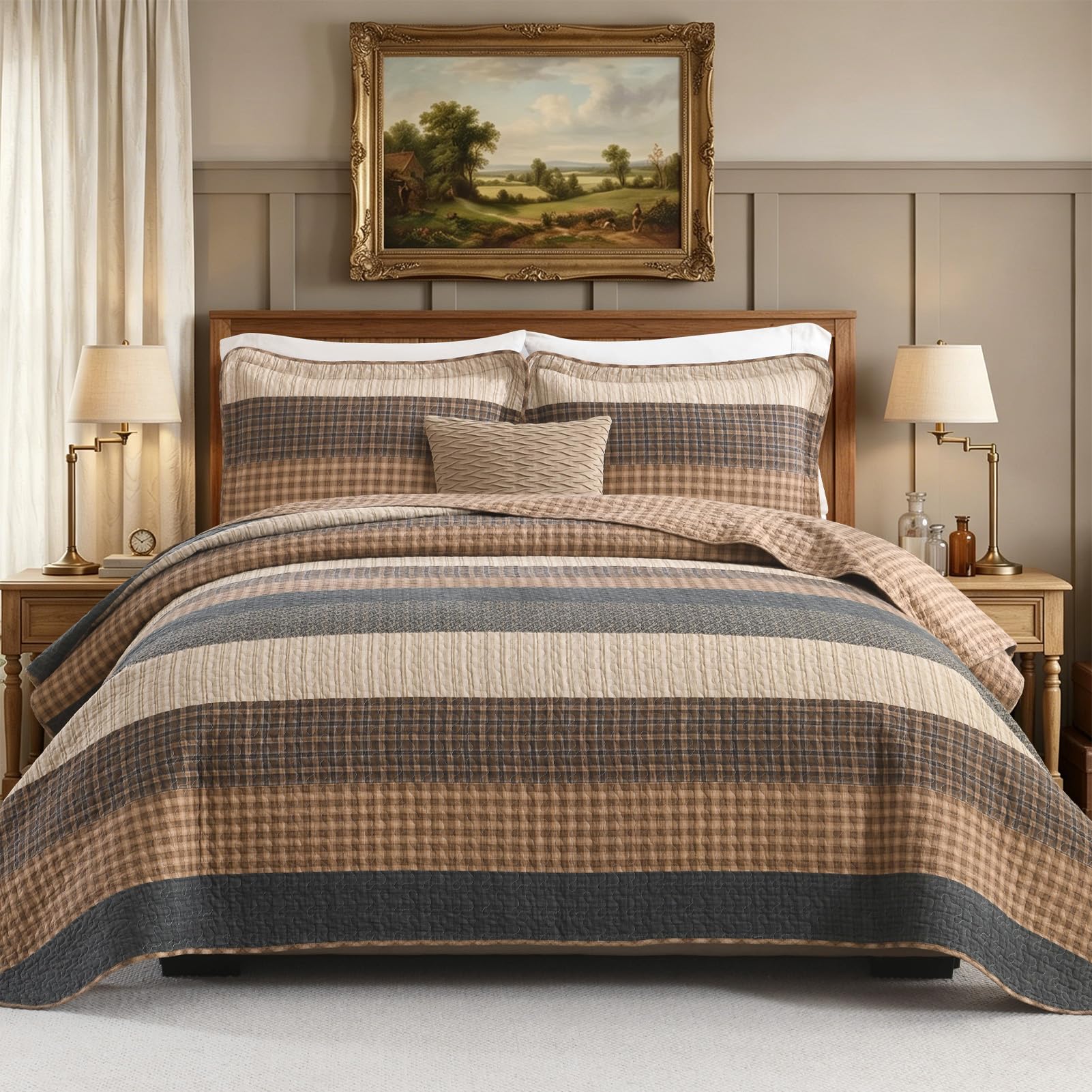 FineStichery 100% Cotton Farmhouse Queen Quilt, Queen Bedspread Set with Pillow Shams, Rustic Patchwork Striped Bedding, Lightweight Soft Quilted Comforter Set, Brown/Charcoal/Beige