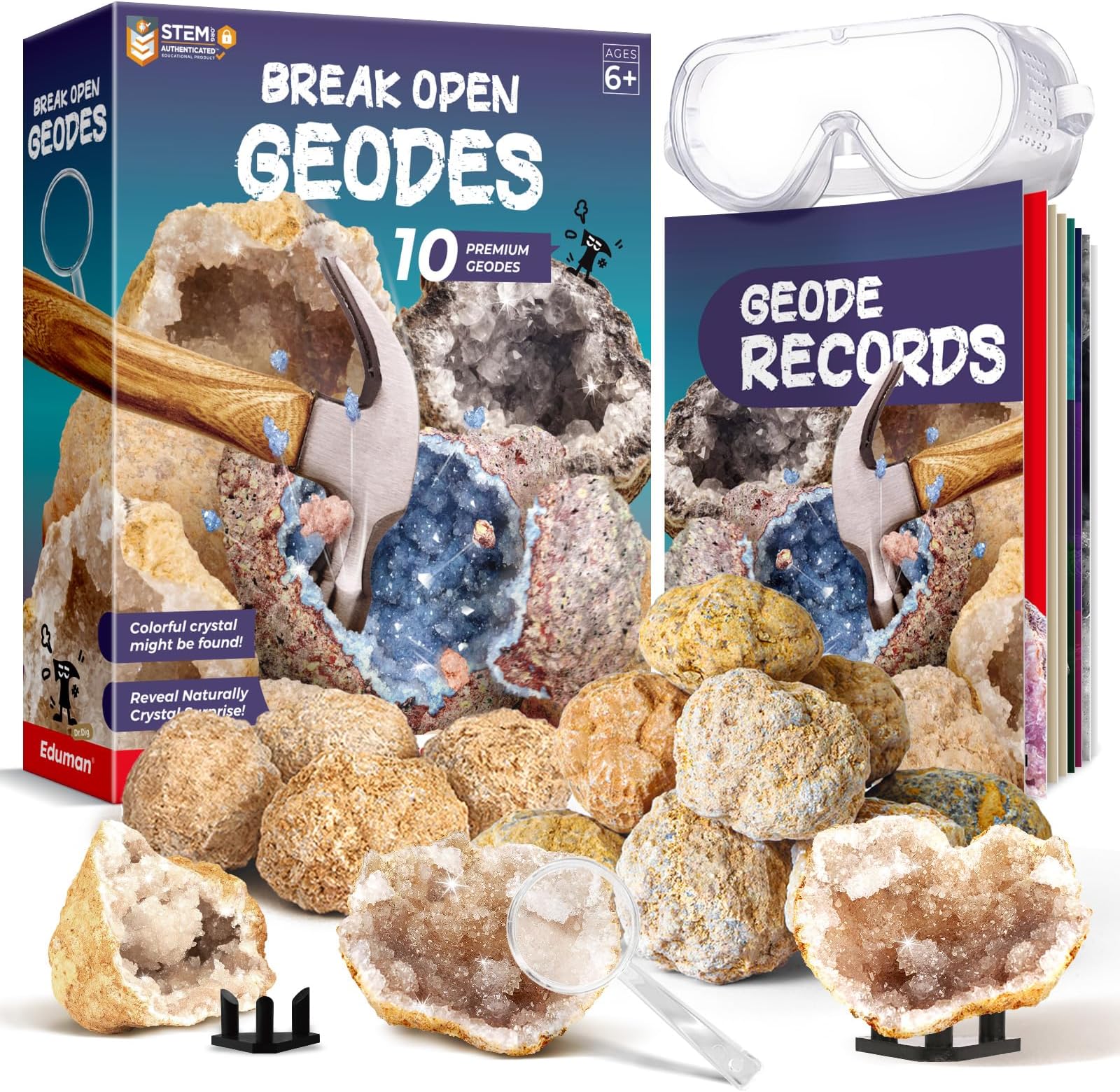 EDUMAN Geodes with Crystals Break Open 10 Premium Geode Kit - Geology Geode Crystal Science Kit - STEM Educational Toys Birthday Gifts for Boys and Girls (Potential for Coloured Geodes Crystals)
