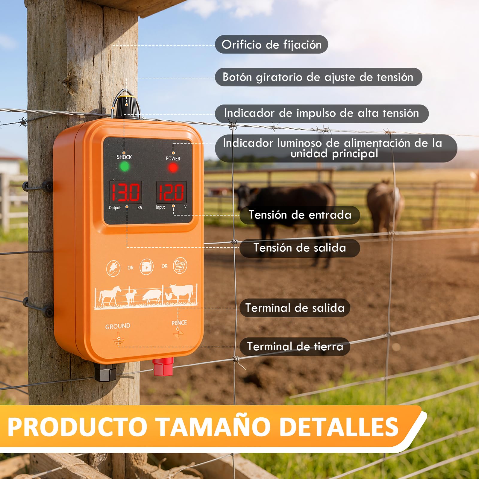 15KM Cerca Eléctrica para Ganado y Animales, Electrificador de Cerca Ajustable 7-13KV 2.0J de Alta Potencia, Protección Completa para Caballos, Ovejas, Perros, Pastos, Granja y Jardín (Naranja)