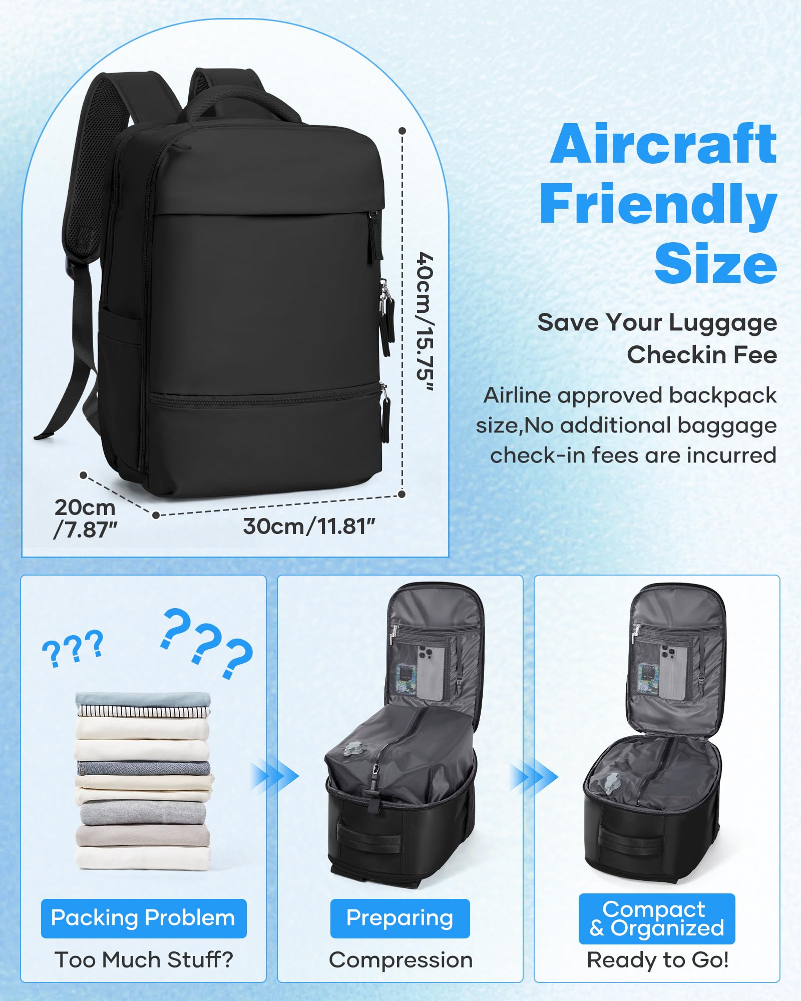 SZLX Zaino Ryanair 40x30x20 Sottovuoto Zaino da Viaggio 40x20x25 Ryanair Wizzair Donna da escursionismo impermeabile Zaino Casual Laptop da 14 Pollici con porta di ricarica USB Scomparto per Scarpe