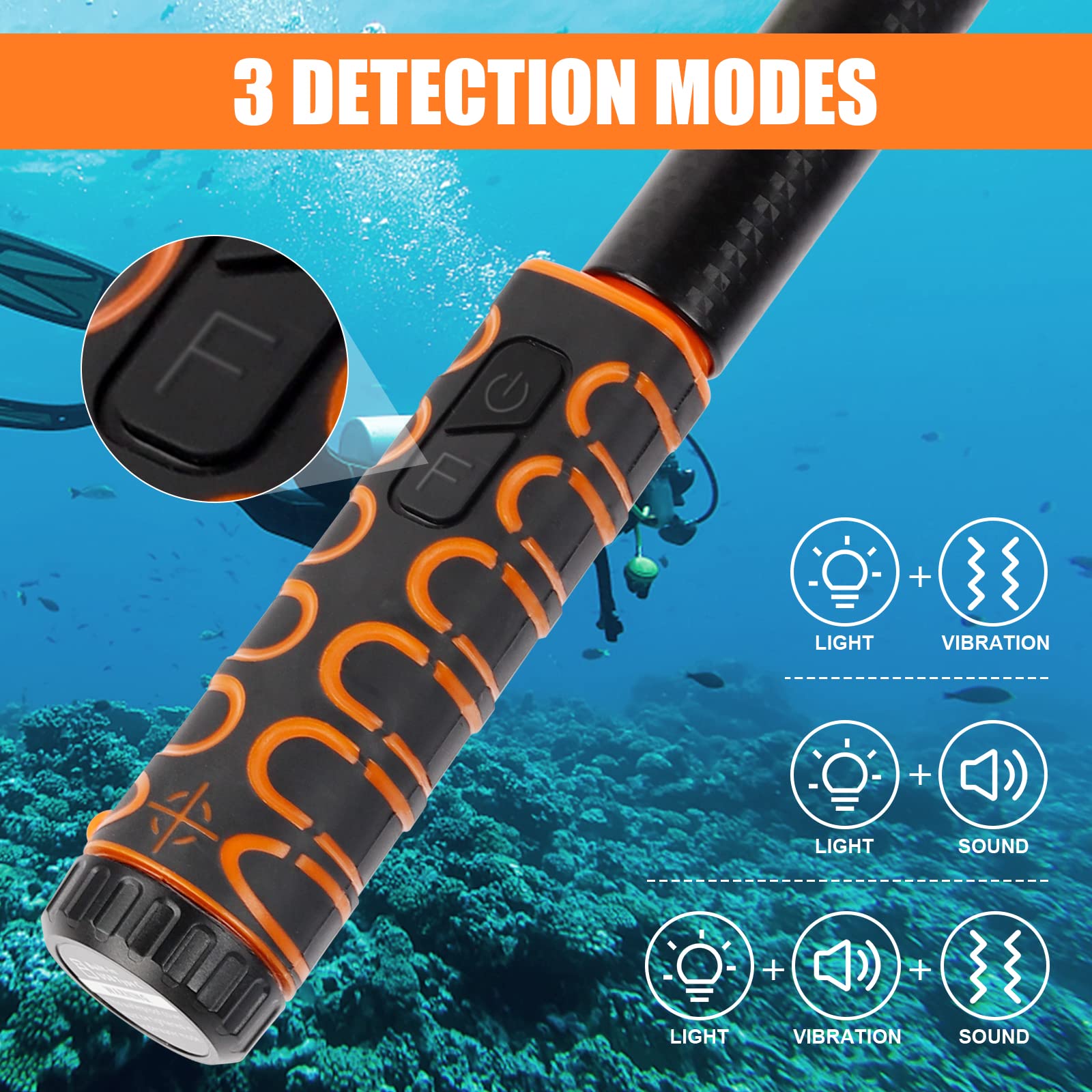 OMMO Metal detector Subacqueo, Metal Detector Completamente Impermeabile, Batteria Ricaricabile Integrata, 3 Modalità Vibrazione e Suono, Allarme Luminoso a LED, Metal Detector per Immersioni