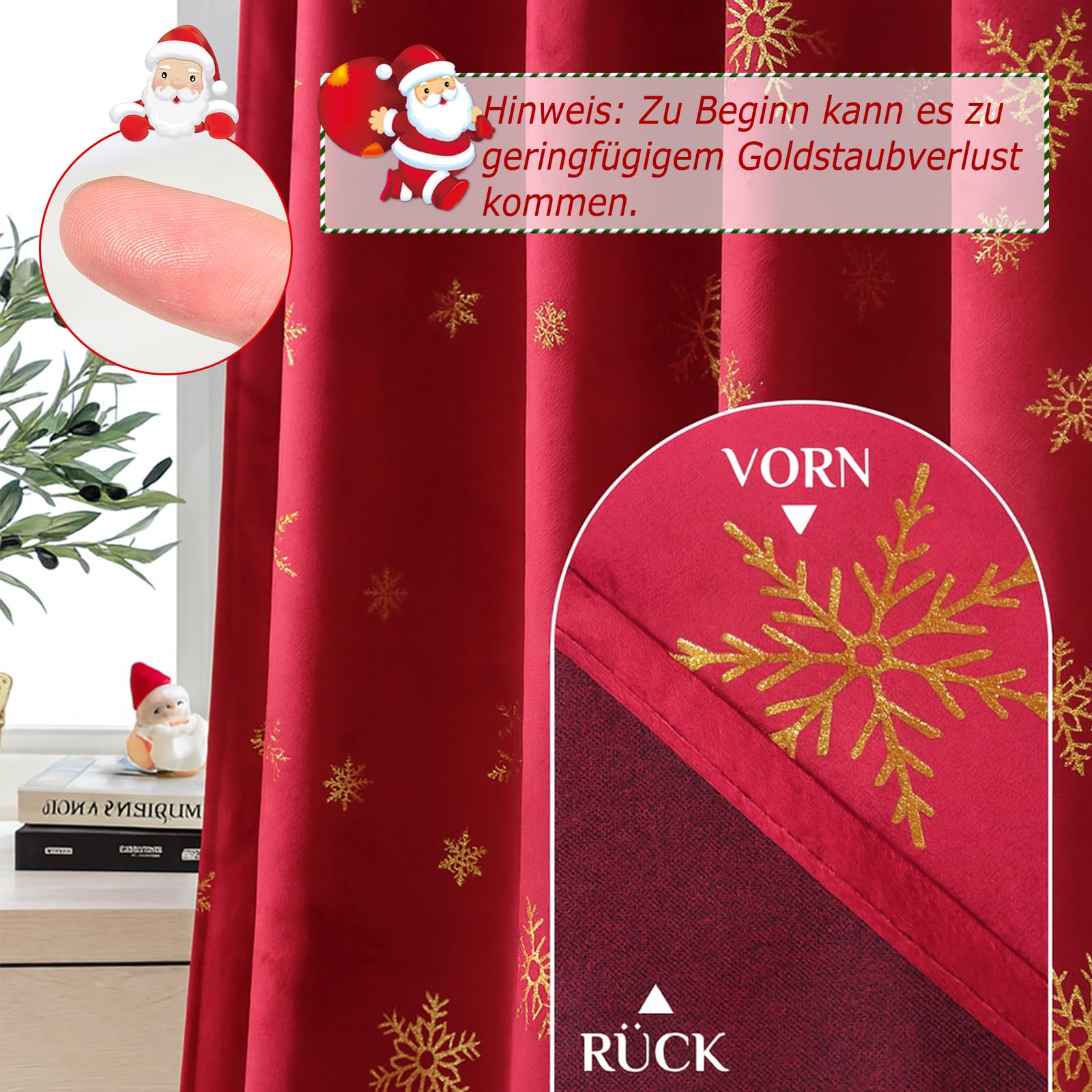 Weihnachtsvorhänge Samt mit Schneeflocken Goldfolie Muster, 2er Set H244xB132cm Schöne Samtvorhänge Kräuselband, Blickdicht Gardinen Thermovorhang für Wohnzimmer Schlafzimmer (Weihnachtsrot)