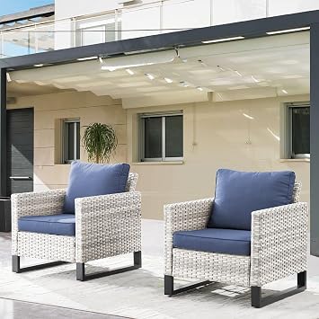 Patio Furniture Set Chairs of 2-32 Inch Oversize Wicker Patio Chairs Set All Weather PE Rattan Patio Coversation Set Chairs for Porch Balcony Backyard - Light Grey Blue