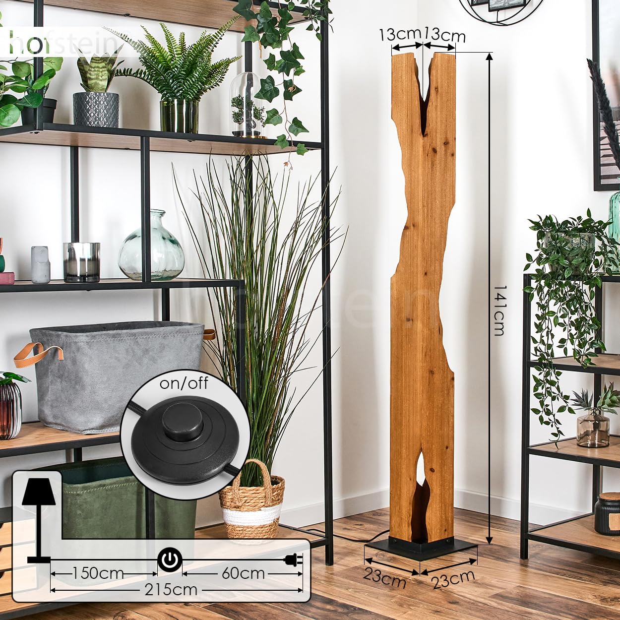 HOFSTEIN Stehleuchte Sernadelo, moderne Stehleuchte aus Metall/Bambus in Schwarz/Naturfarben, geschwungene Leuchte im Boho-Style mit Fußschalter am Kabel, Höhe 141 cm, 4 x E27, ohne Leuchtmittel
