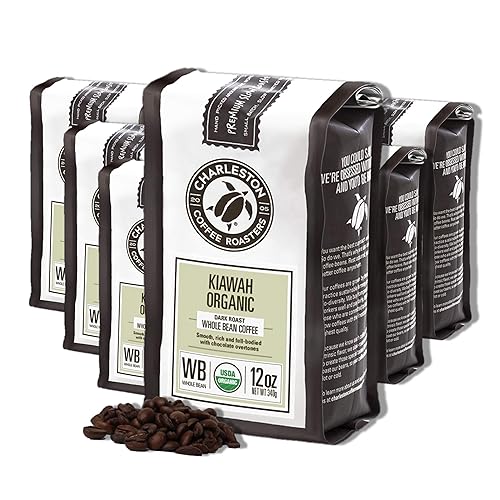 Charleston Coffee Roasters Café orgánico especial en grano entero Recogido a mano, tostado lento premium (Kiawah, tostado oscuro) 12 onzas,