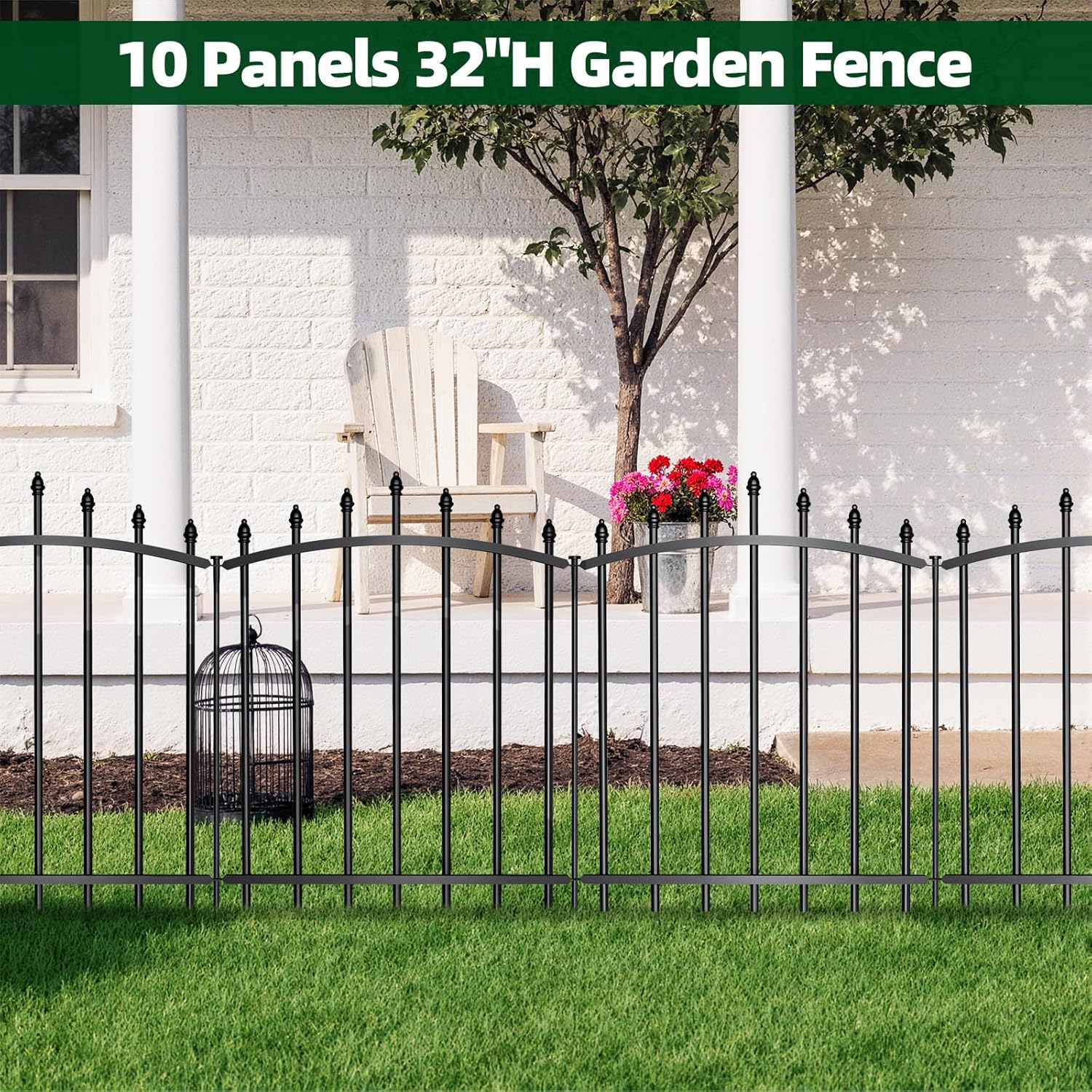 10 Panels，No Dig Edging Decorative Garden Fence，32 in （H） x 24 in（L），Metal Rustproof Panel，Outdoor Dog Fence，Animal Isolation Fence Suitable for Gardens，Roman Column Black