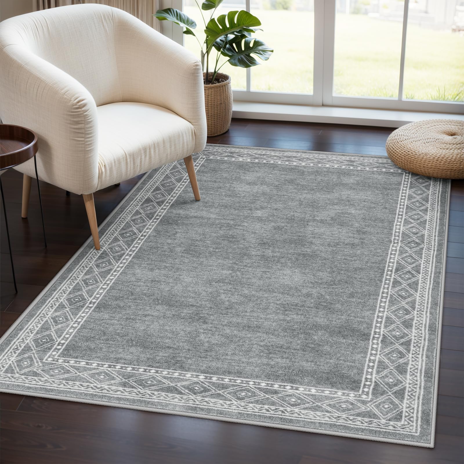 Lahome Modern Bordered Machine Washable Rug, Ultra-Thin 3x5 Rugs for Entryway Bedroom, Non-Slip Stain Resistant Small Carpet for Laundry Entrance (3'x5',Grey) Light Grey 3' x 5' (Rectangular