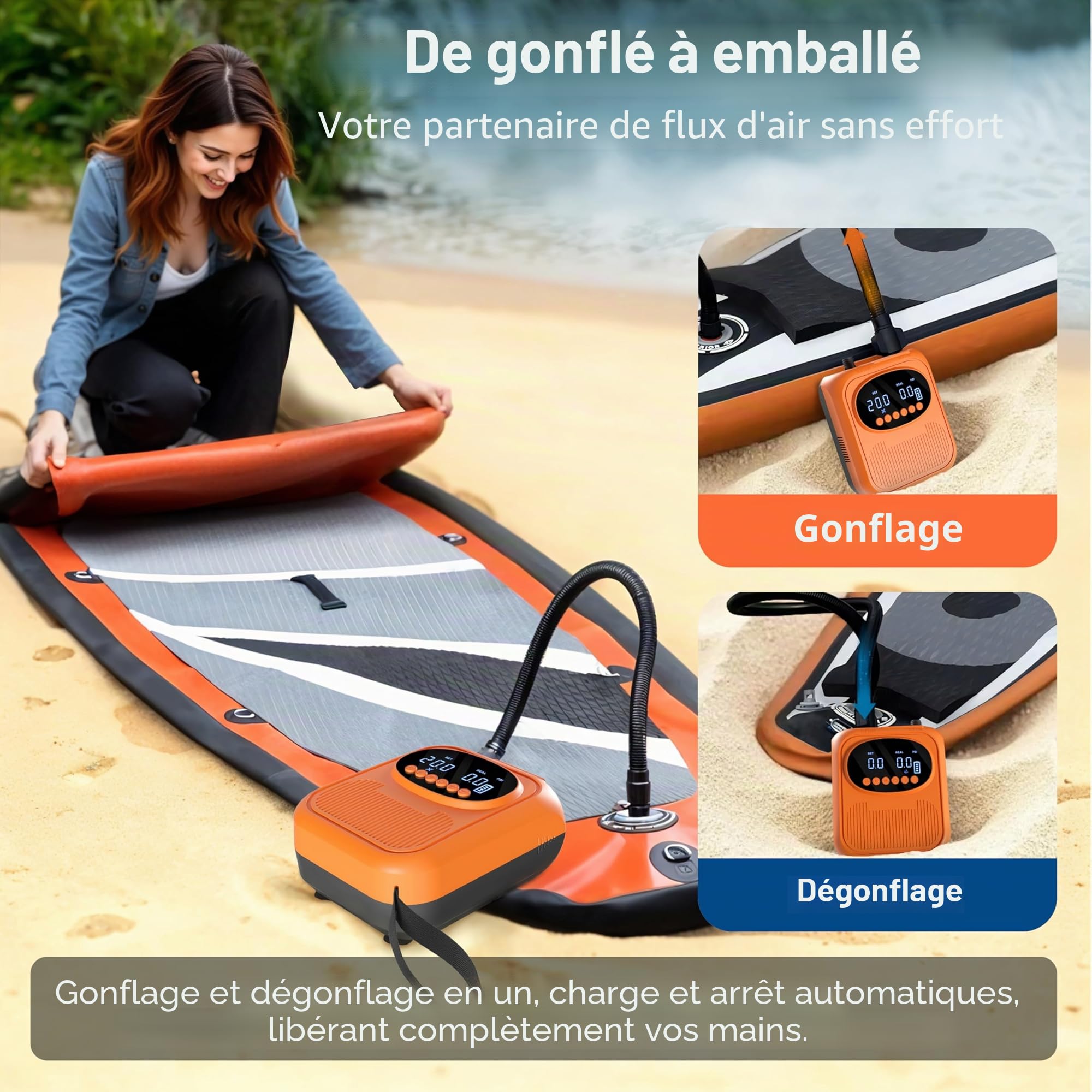 Pompe Électrique 20 PSI pour Sup - Pompe Intelligente Rechargeable avec Connecteur 12V, Gonflage/Dégonflage Auto-Arrêt - pour Paddle, Kayak, Tentes, Matelas Air, Jouets Piscine