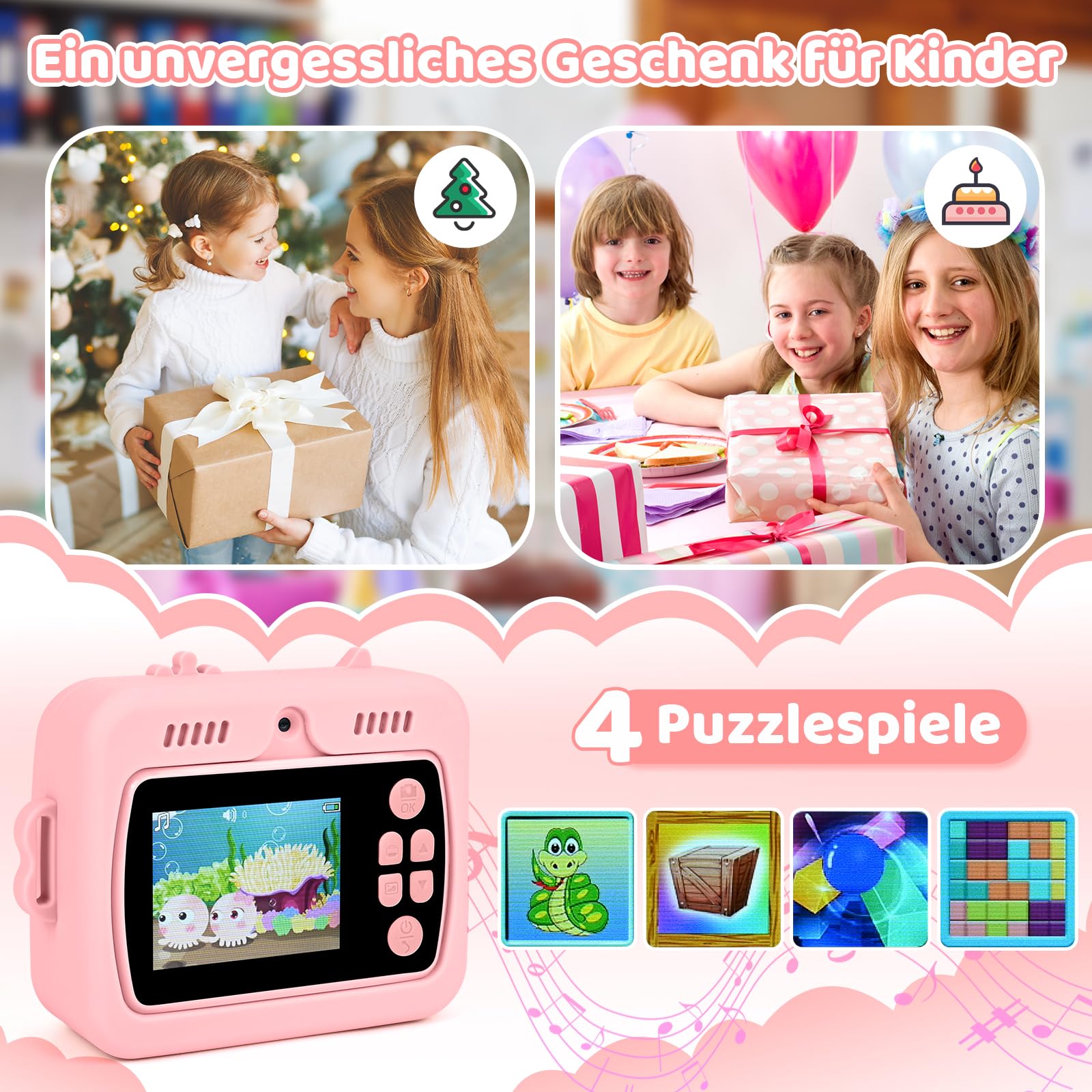 GuKKK 1080p aparat dziecięcy, aparat cyfrowy z ekranem 2,4", dla dzieci, z kartą 32 GB, 13 rolek papieru do drukowania, 5 kolorowych długopisów, prezent (różowy)