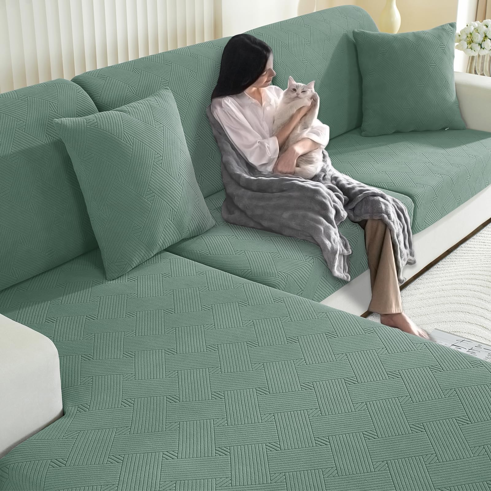 YSTELLAA Funda Asiento Sofa Alta Elástica, Funda Cojin Sofa Separado Ajustable, Universal Protector De Cojín para Muebles, Lavable, Antideslizante(Chaise Longue, Verde) Global Recycled Standard Global Recycled Standard Global Recycled Standard