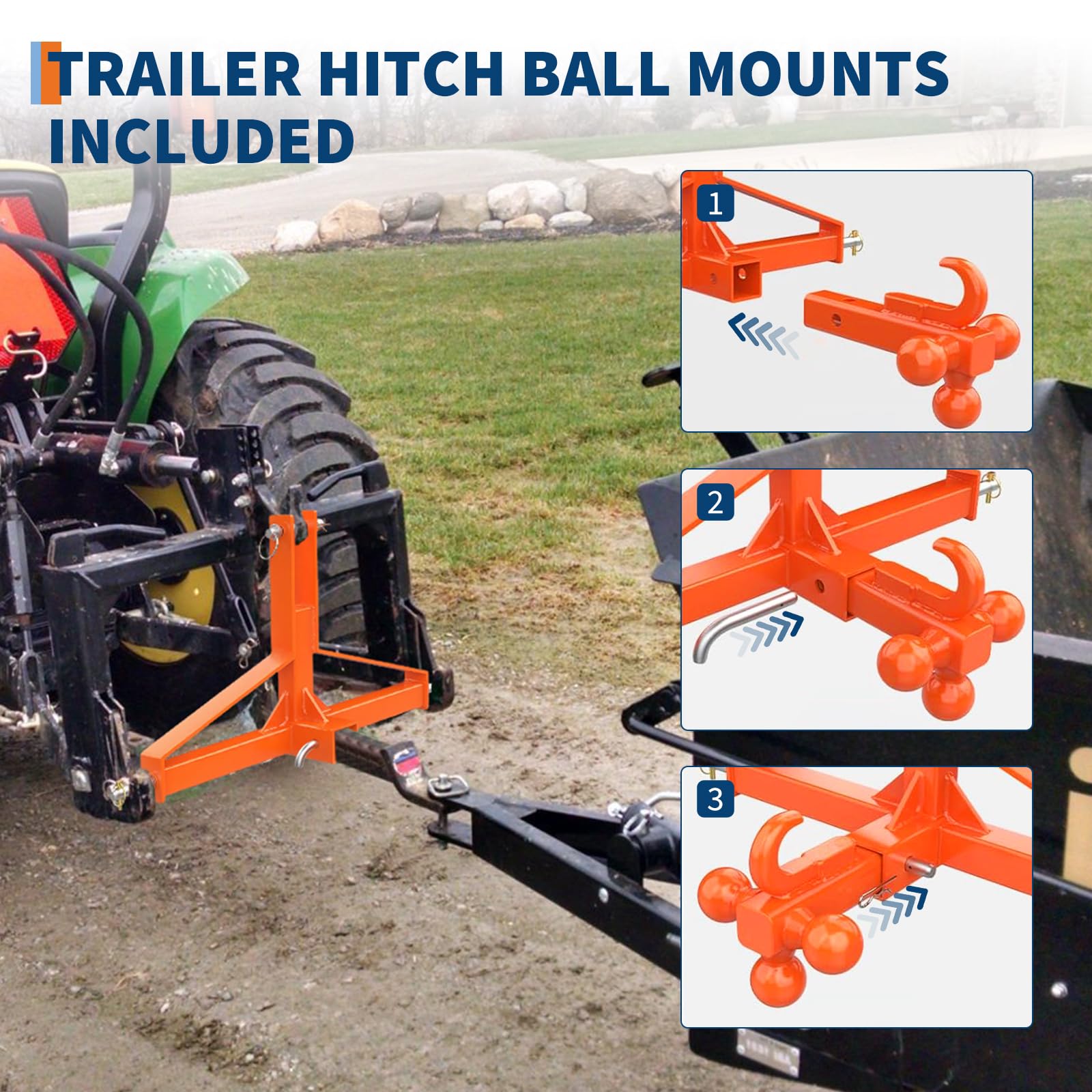 Attelage 3 Points Robuste pour Tracteur – Capacité 4,5T – Acier Carbone – Récepteur 2" et Crochet Boule 4 Directions – Outil Manuel de Jardinage – Compatible Catégorie 1 – Orange, Triangle