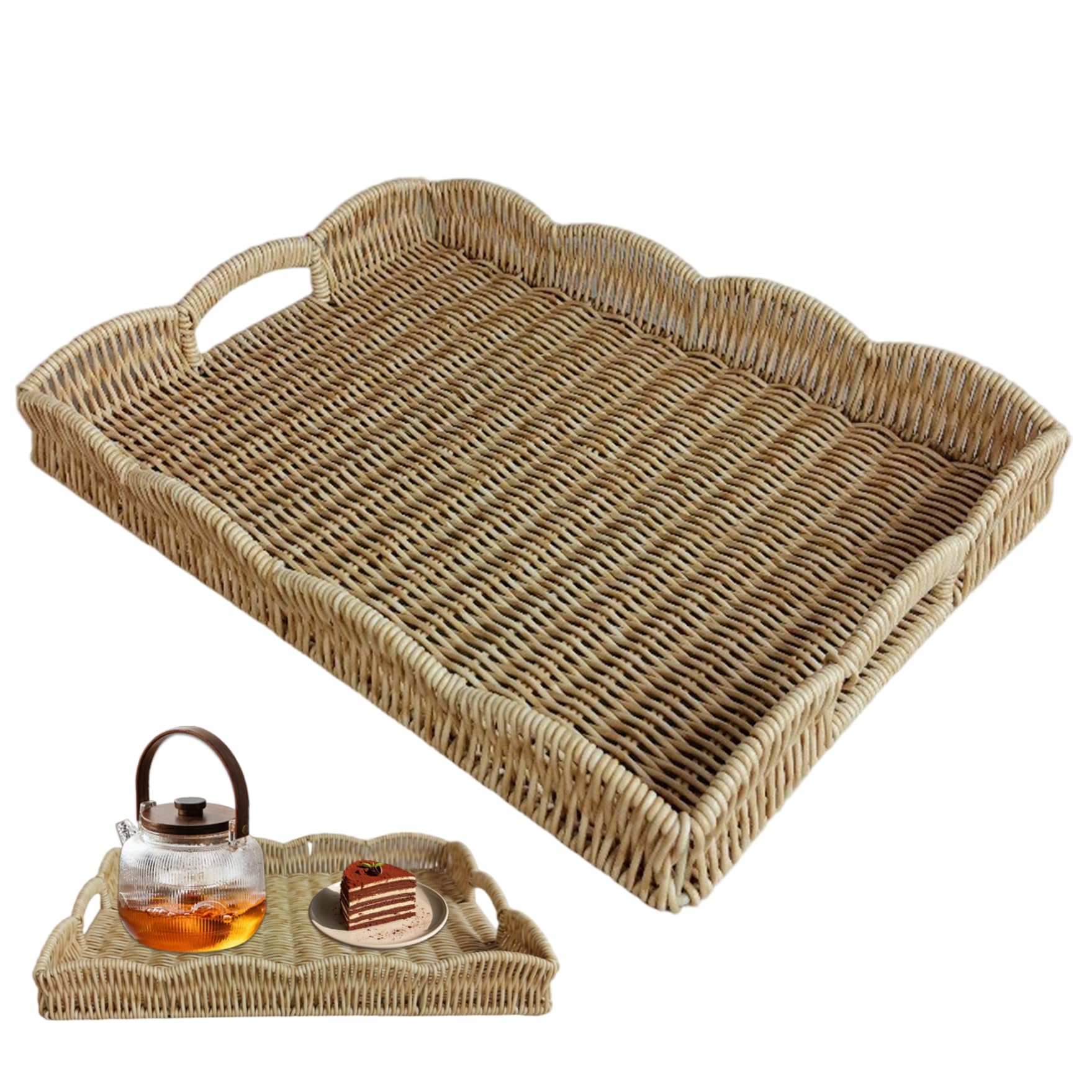 Rattan Tray 15x11x2in Large Woven Ventilate Rectangular Tray with Handle Rustic Decorative for Fruit, Vegetables, Snack, Bread, Apricot, Basket, Wicker