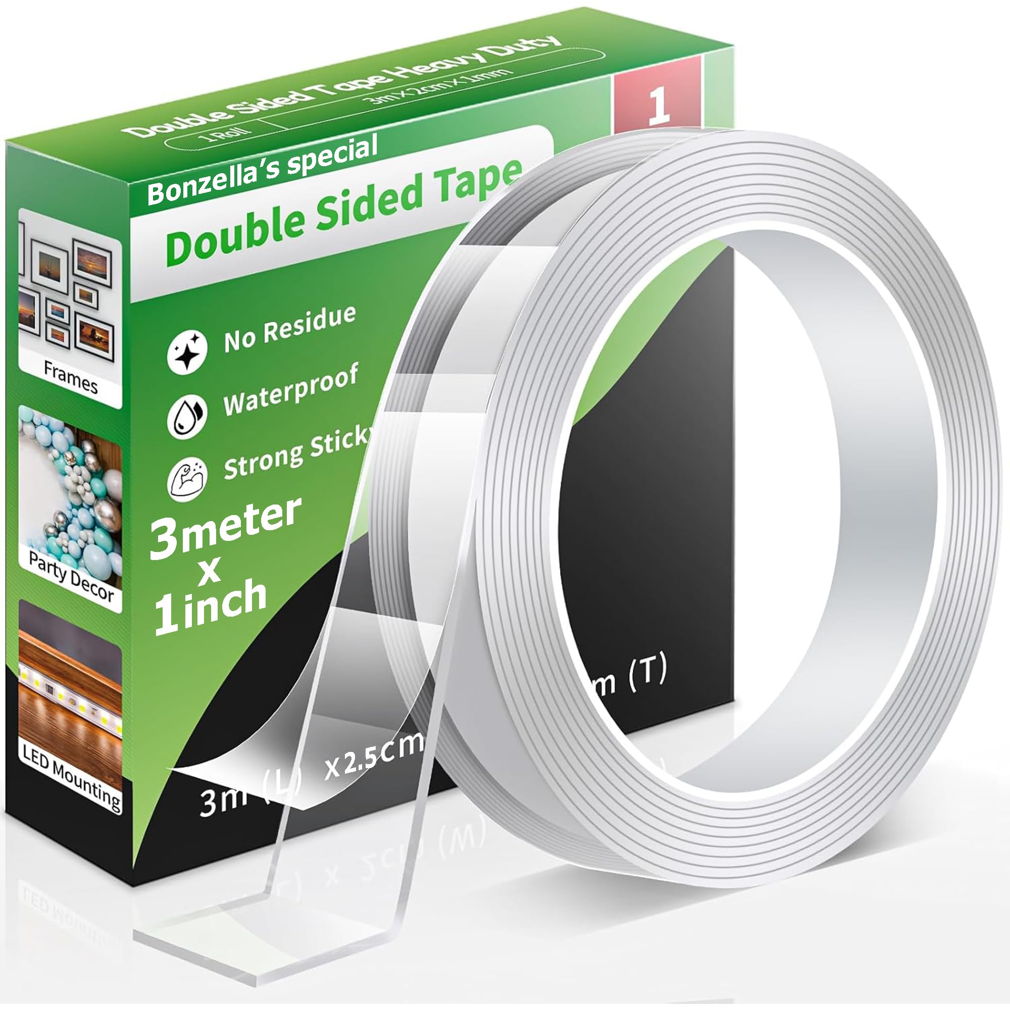 BONZELLA Double Sided Tape Heavy Duty 3M x 1IN Clear & Strong Adhesive Multipurpose Mounting Tape for Wall,Craft,Home,Office, Removable & Traceless Transparent Double Gum Grip Tape (3meter X 1inch)