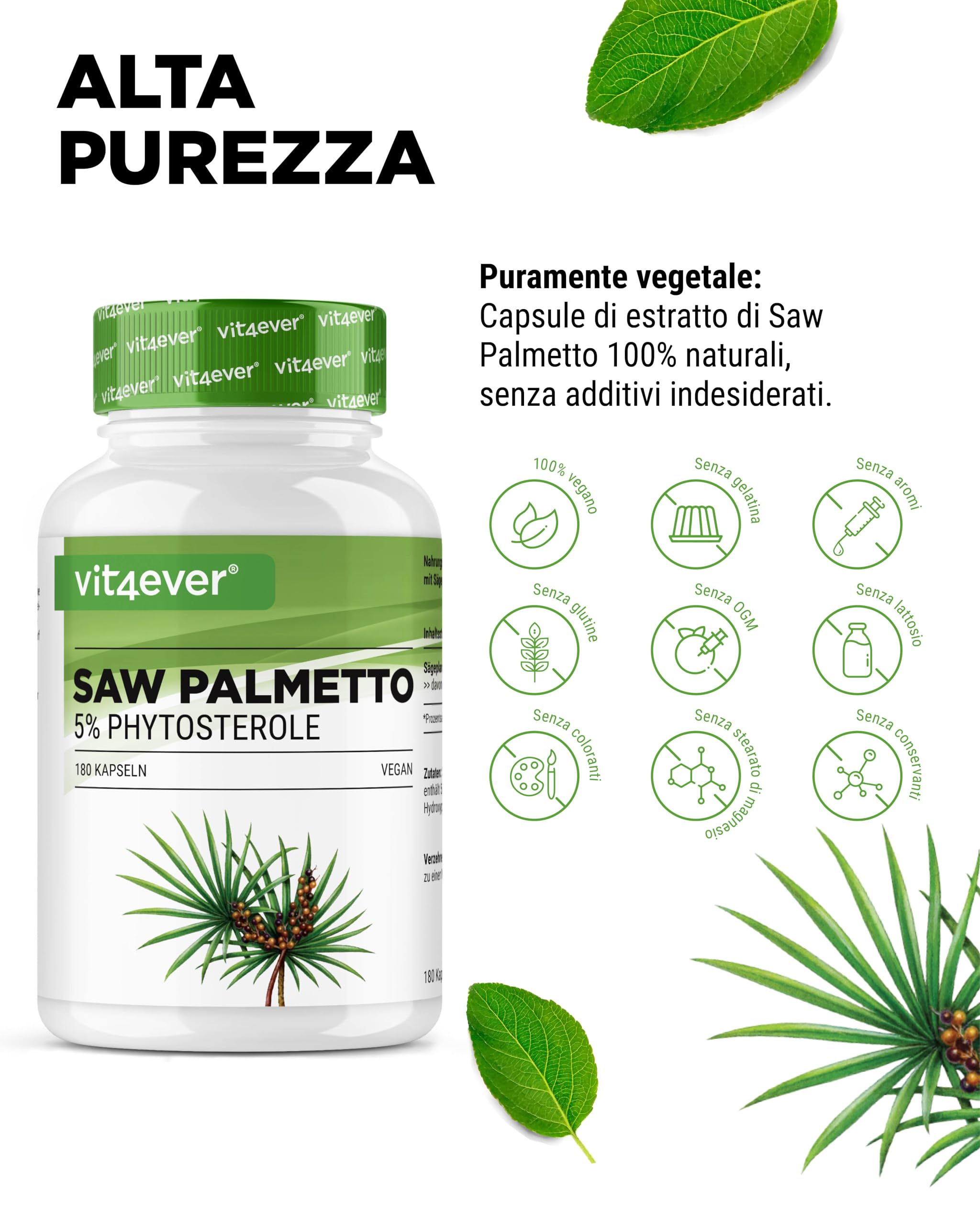 vit4ever Estratto di Saw Palmetto – 180 capsule con 500 mg di estratto di saw palmetto ad alto dosaggio – Premium: 5% fitosteroli = 25 mg – Senza additivi indesiderati – Vegano